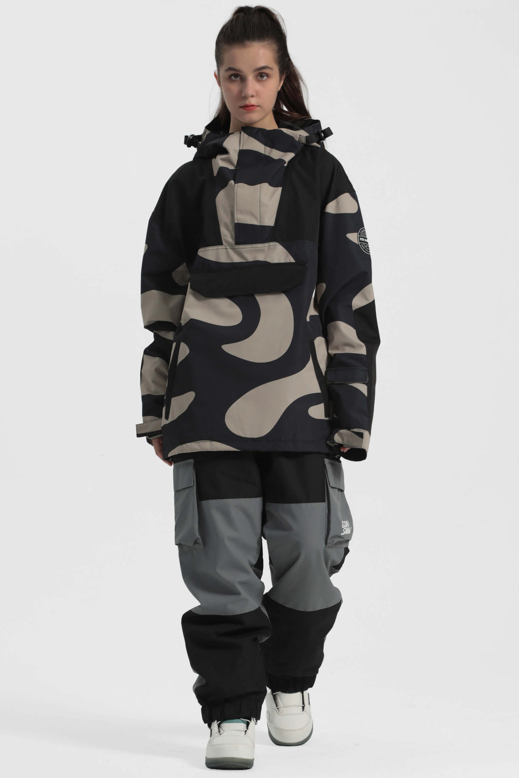 Women's Black Camo Insulated Color-Block Ski Anorak Snow Anoraks
