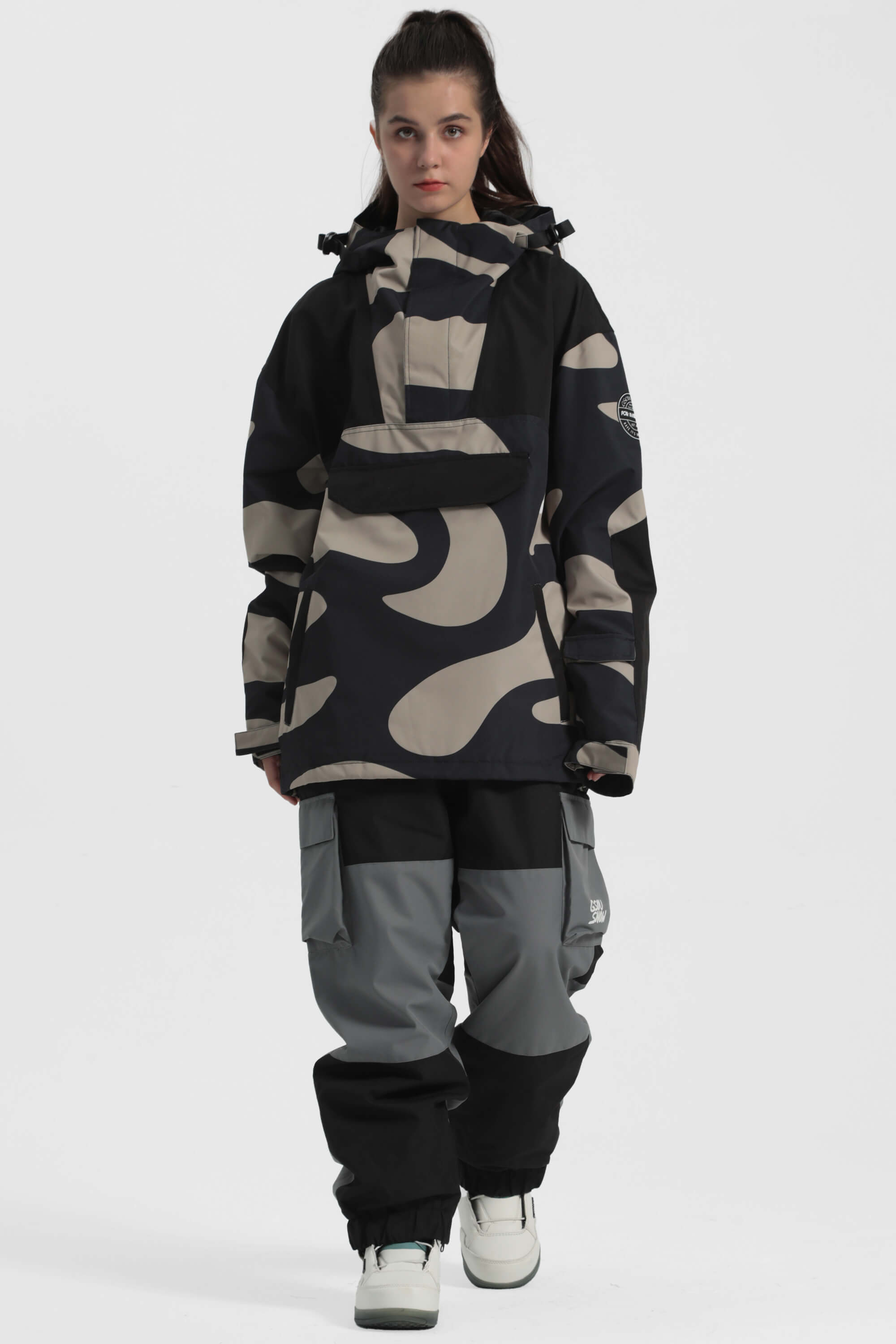 Women's Black Camo Insulated Color-Block Ski Anorak Snow Anoraks