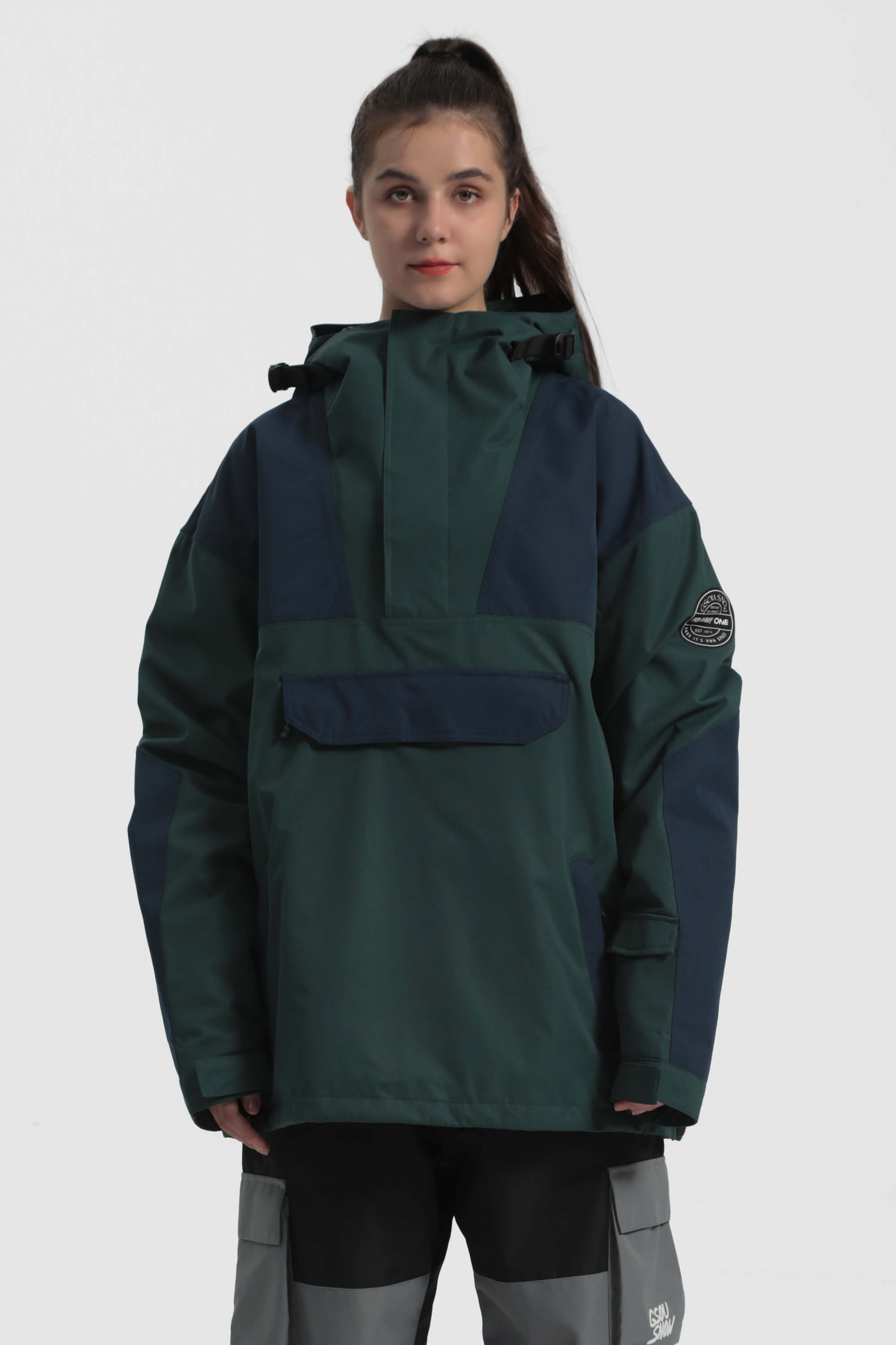 Women's Black Camo Insulated Color-Block Ski Anorak Snow Anoraks