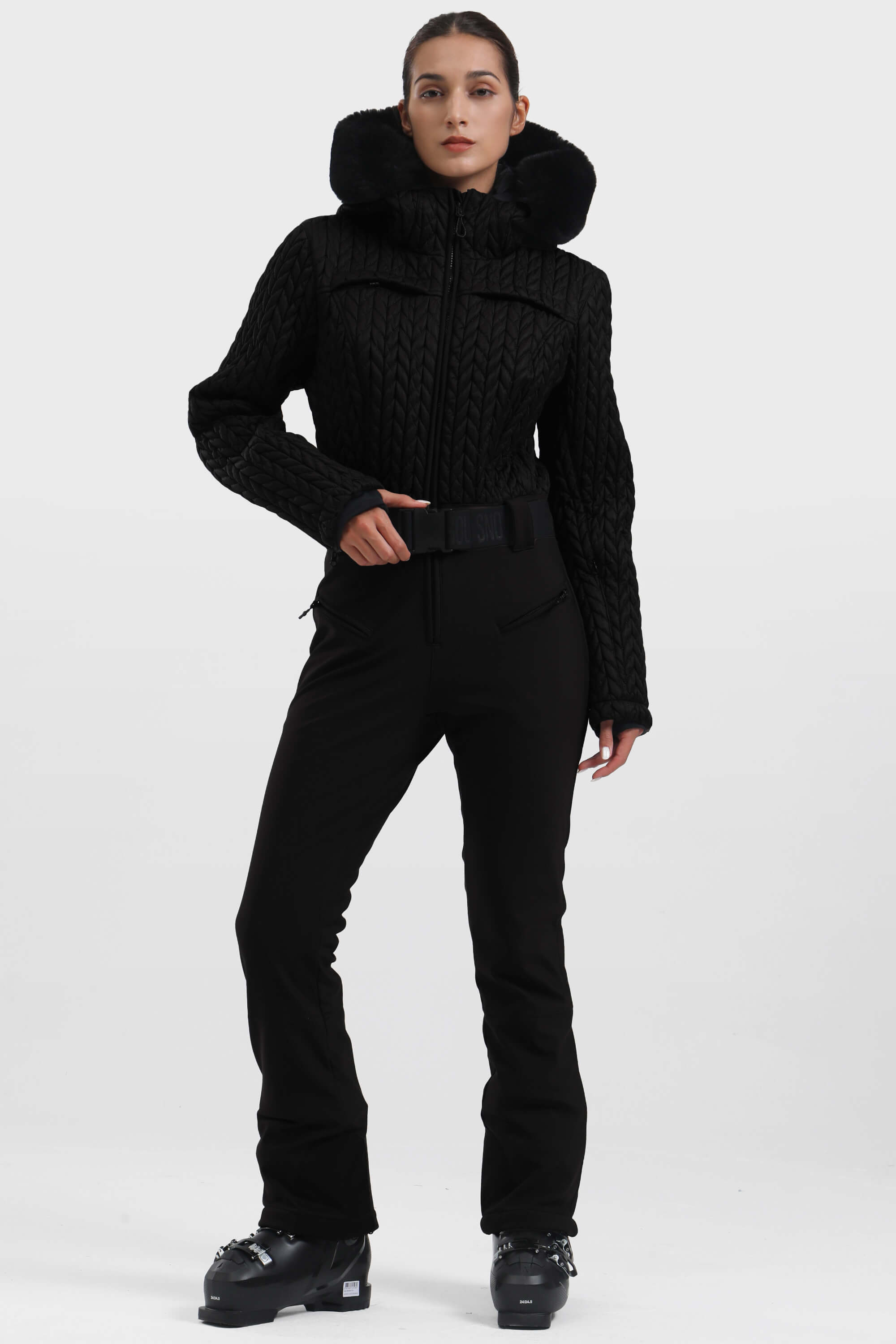 Women's Black Full-Shirred Design One-Piece Ski Suit Snowboard Suit