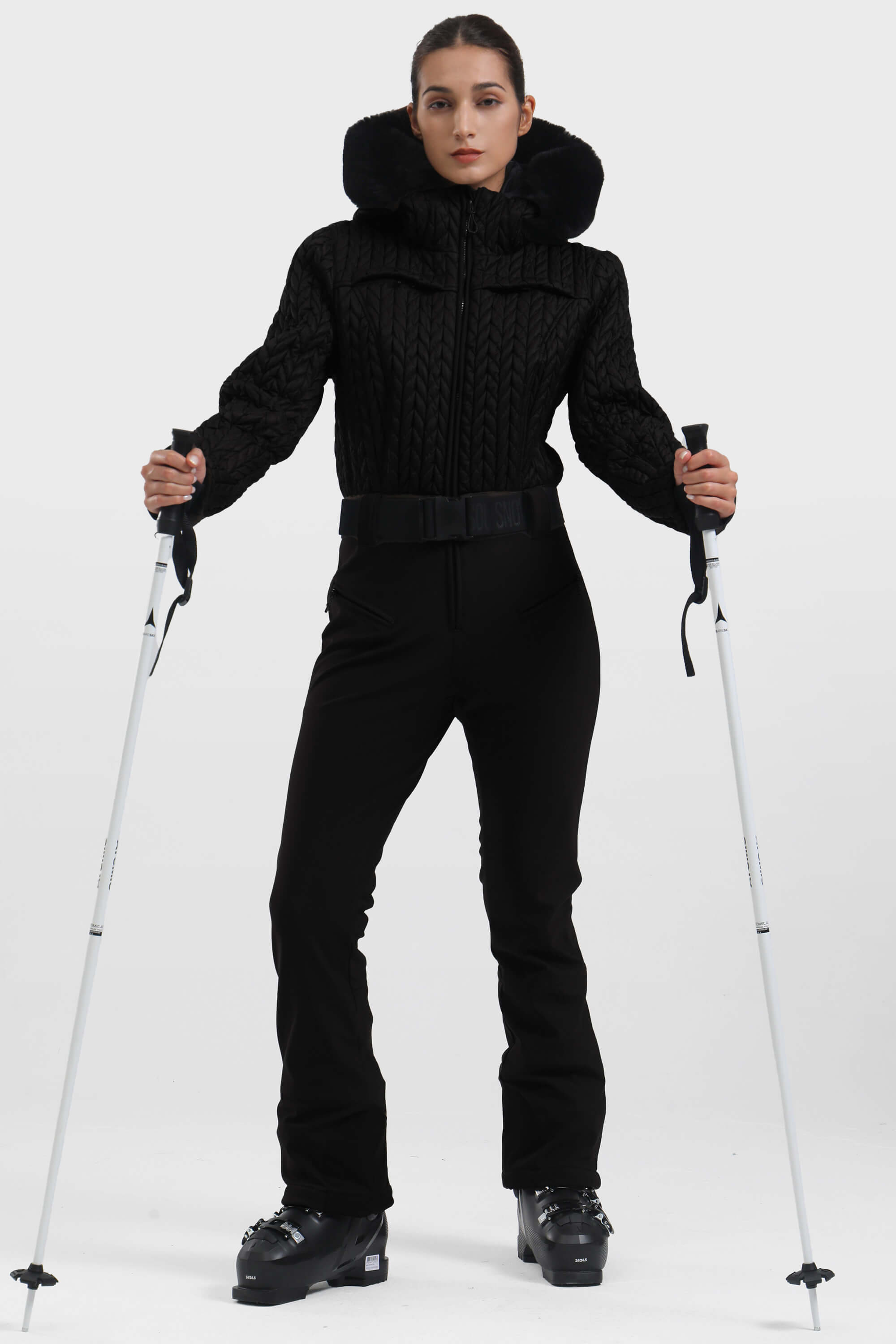 Women's Black Full-Shirred Design One-Piece Ski Suit Snowboard Suit