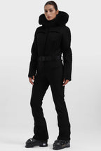 Women's Black Full-Shirred Design One-Piece Ski Suit Snowboard Suit