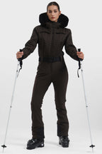 Women's Black Full-Shirred Design One-Piece Ski Suit Snowboard Suit