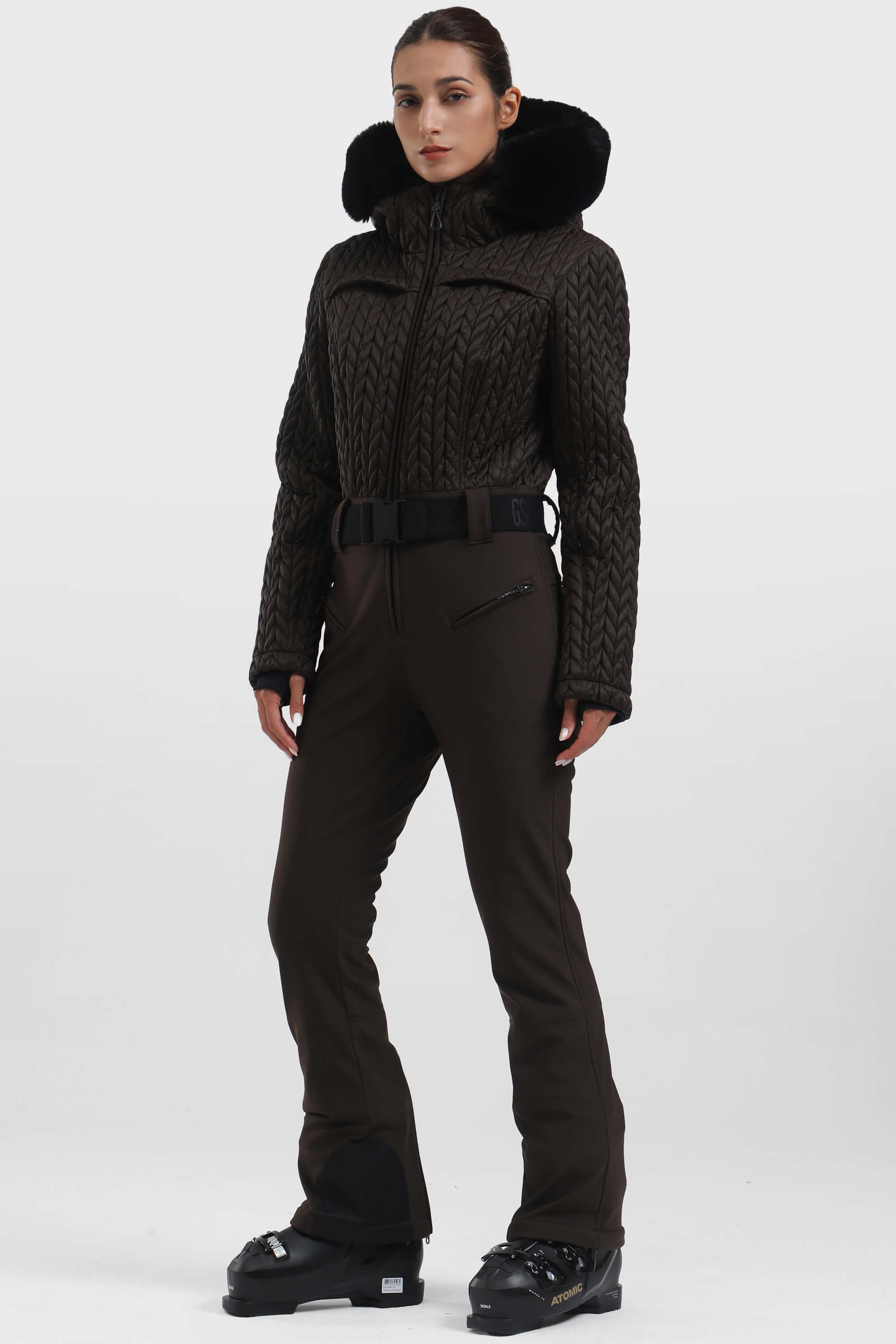 Women's Black Full-Shirred Design One-Piece Ski Suit Snowboard Suit