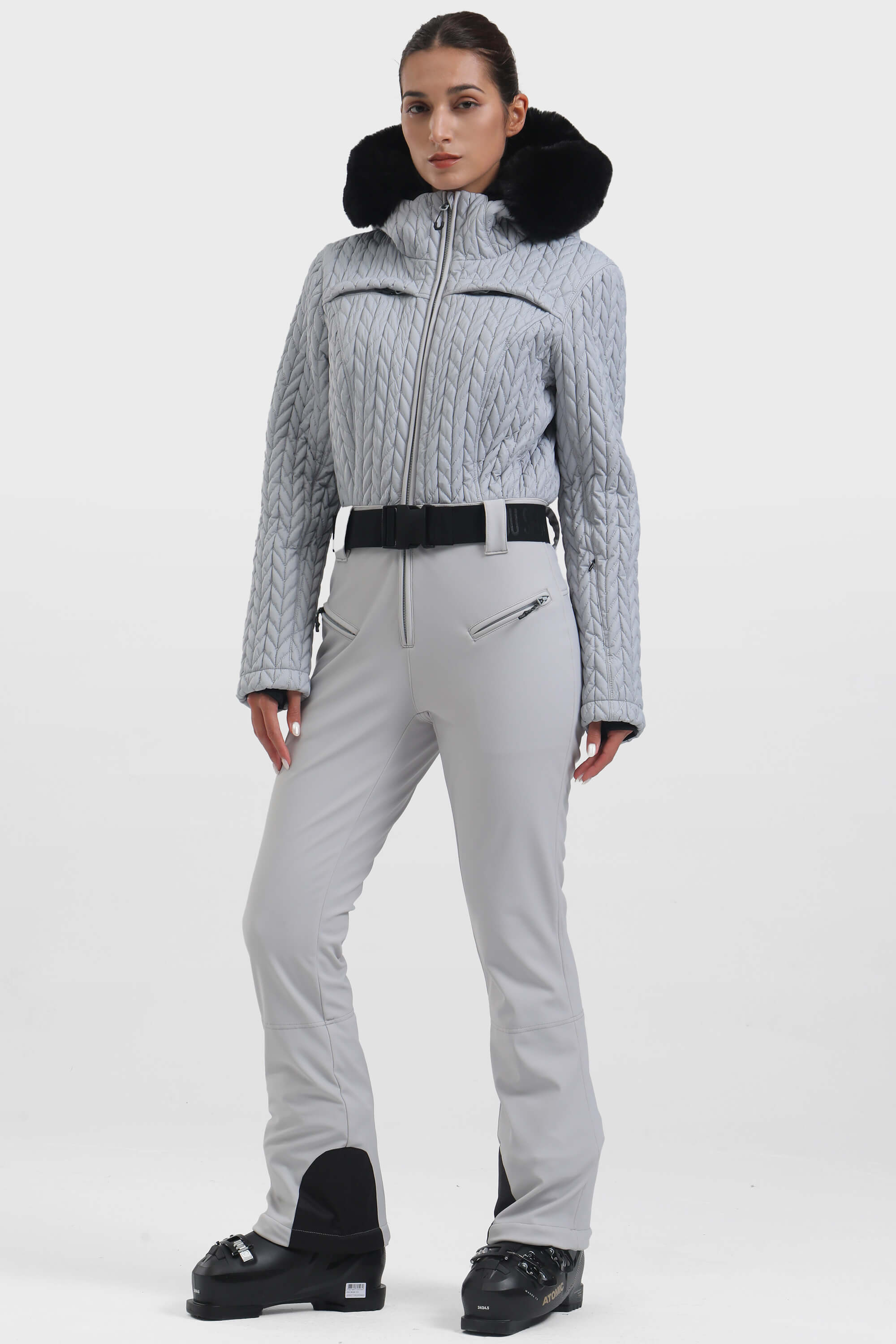 Women's Grey Full-Shirred Design One-Piece Ski Suit Snowboard Suit Main image