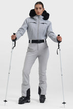 Women's Neon Red Full-Shirred Design One-Piece Ski Suit Snowboard Suit
