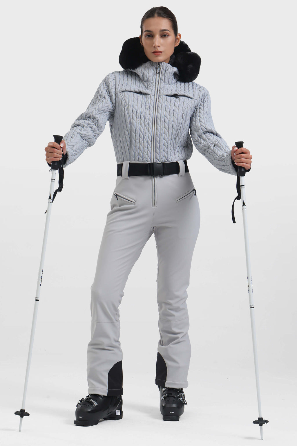 Women's Black Full-Shirred Design One-Piece Ski Suit Snowboard Suit