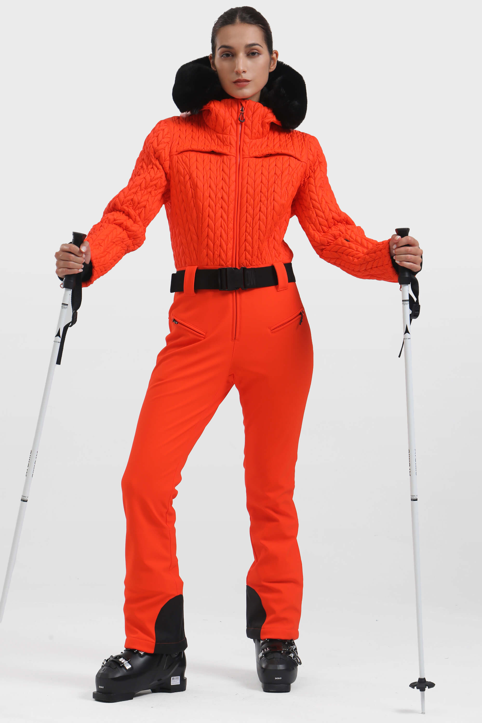 Women's Neon Orange Full-Shirred Design One-Piece Ski Suit Snowboard Suit Main image