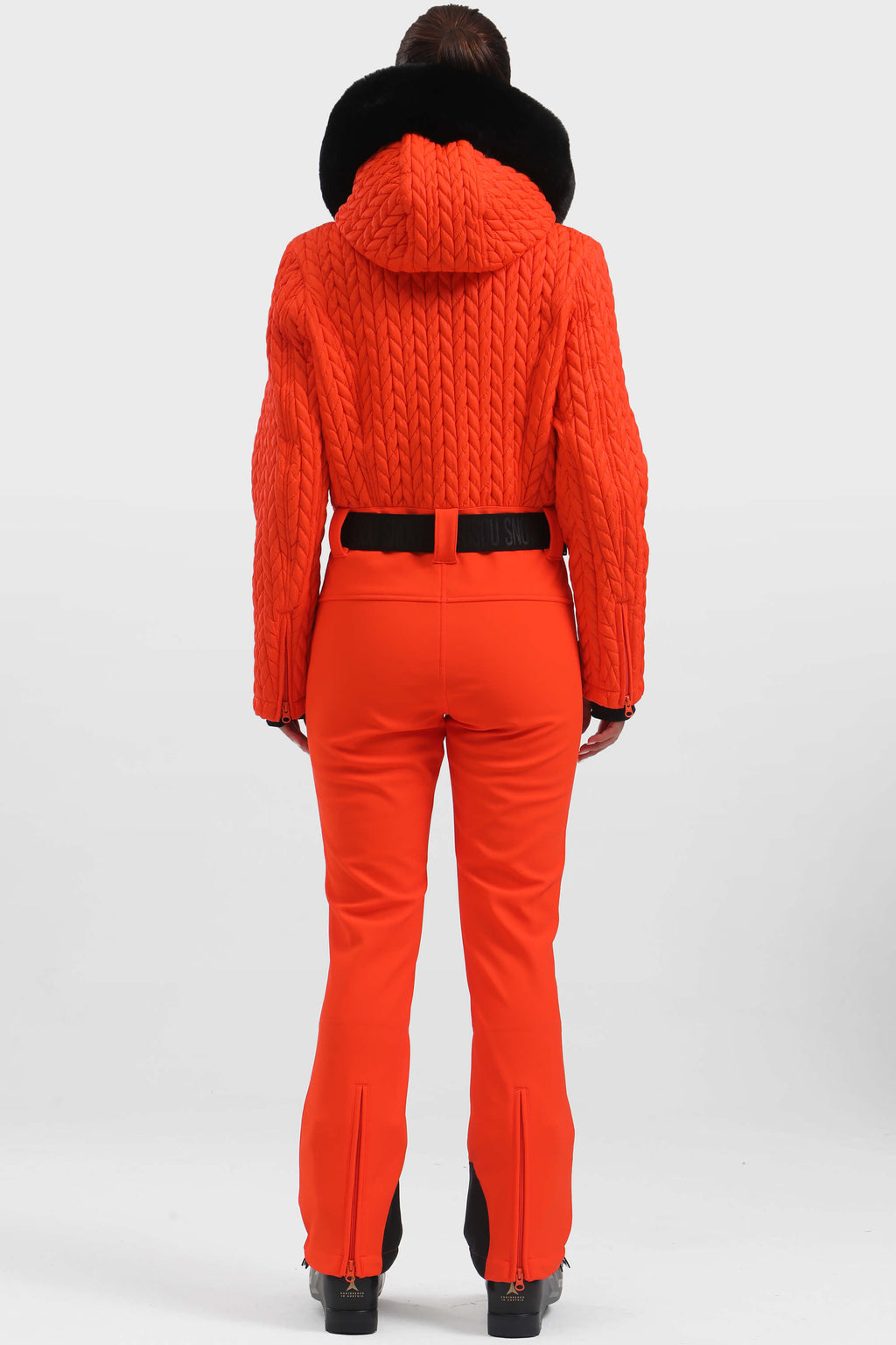 Women's Neon Orange Full-Shirred Design One-Piece Ski Suit Snowboard Suit