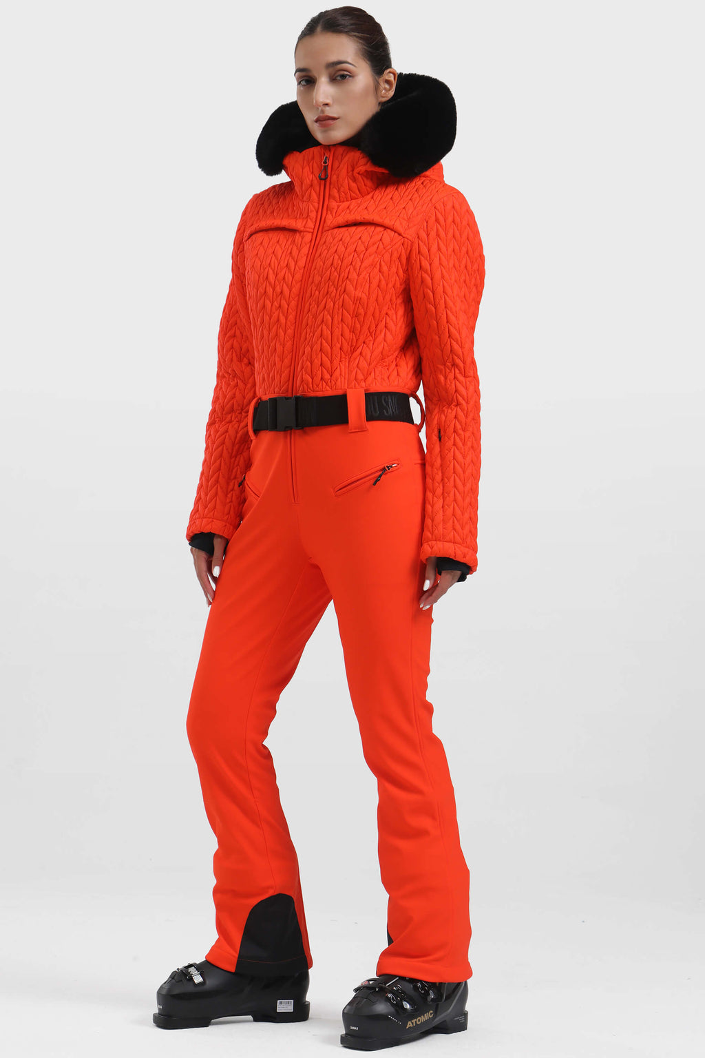 Women's Neon Orange Full-Shirred Design One-Piece Ski Suit Snowboard Suit