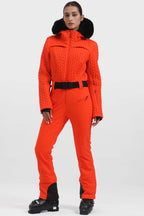 Women's Neon Orange Full-Shirred Design One-Piece Ski Suit Snowboard Suit
