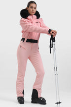 Women's Neon Orange Full-Shirred Design One-Piece Ski Suit Snowboard Suit