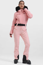 Women's Neon Orange Full-Shirred Design One-Piece Ski Suit Snowboard Suit