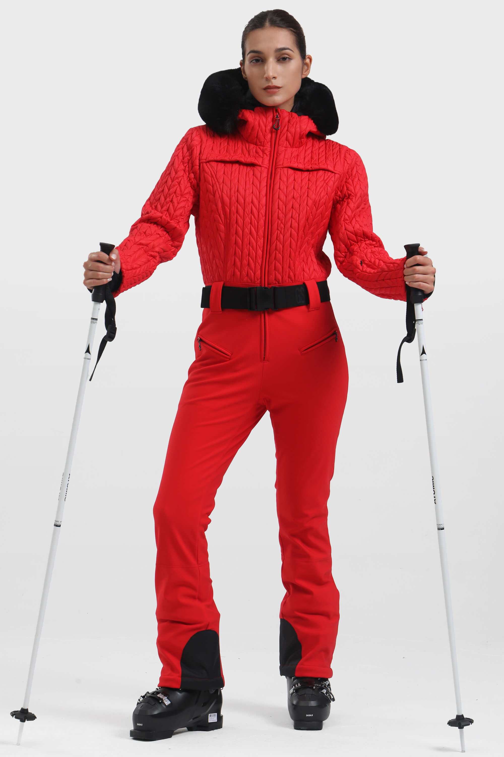 Women's Black Full-Shirred Design One-Piece Ski Suit Snowboard Suit