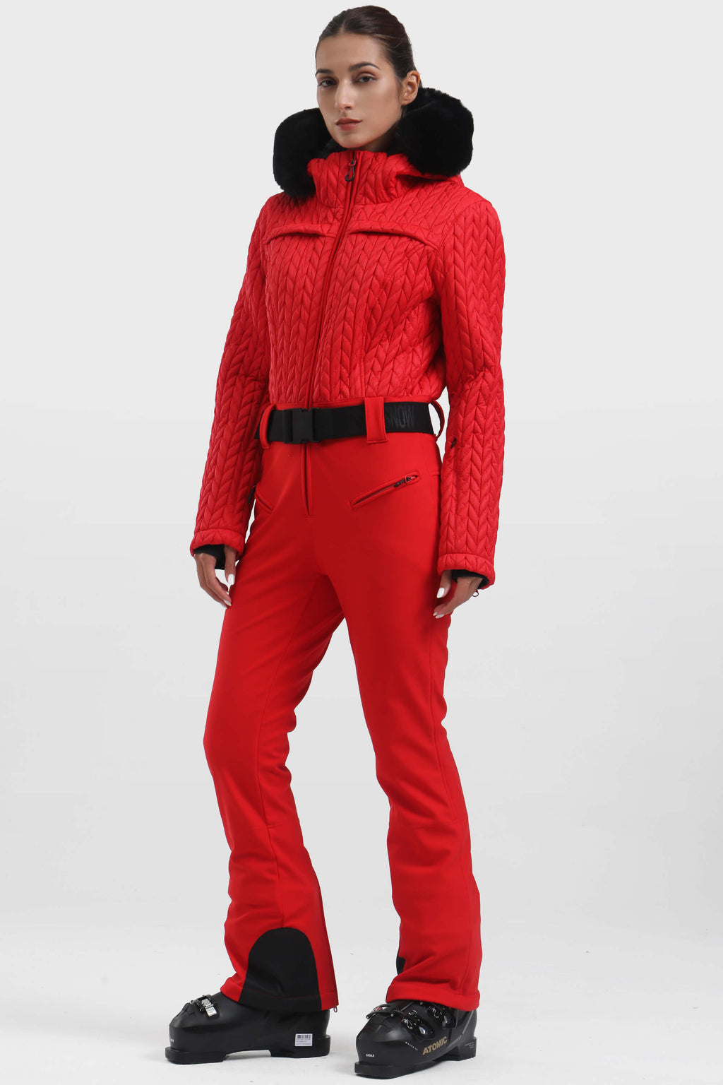 Women's Black Full-Shirred Design One-Piece Ski Suit Snowboard Suit