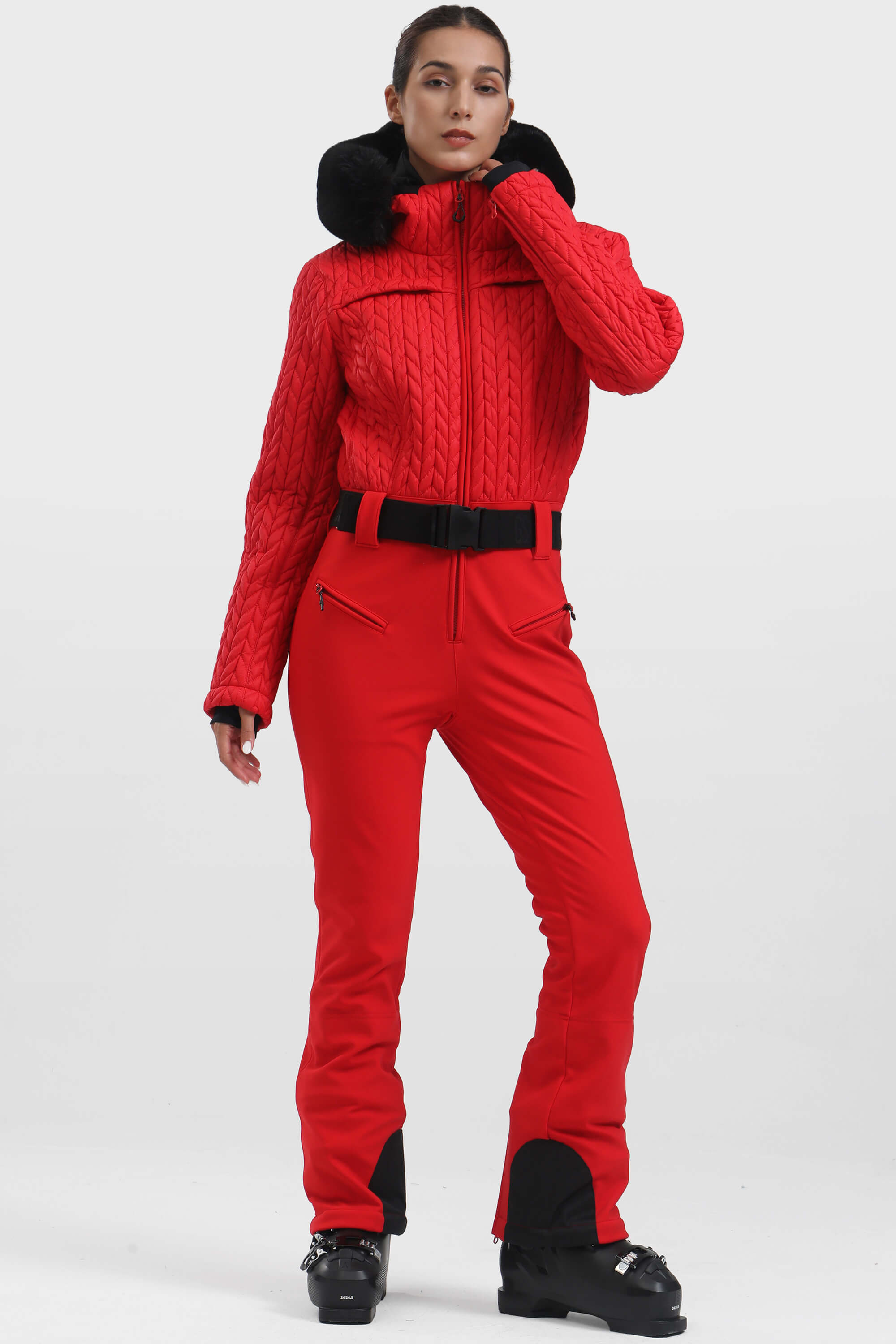 Women's Neon Orange Full-Shirred Design One-Piece Ski Suit Snowboard Suit