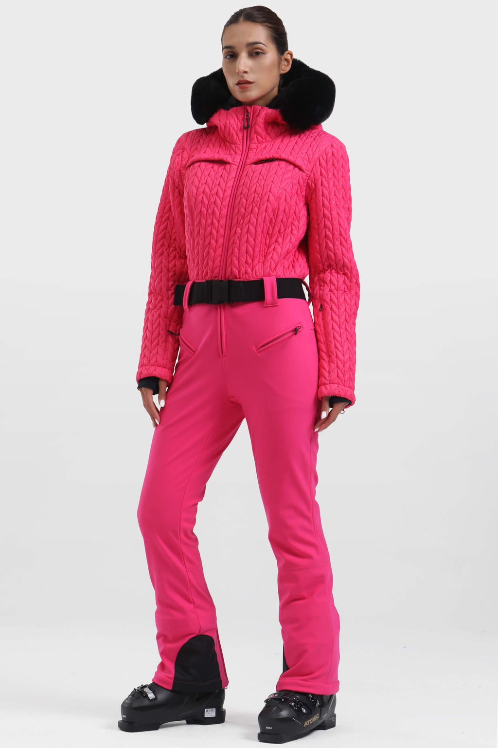 Women's Neon Orange Full-Shirred Design One-Piece Ski Suit Snowboard Suit