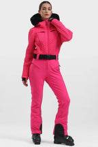 Women's Neon Orange Full-Shirred Design One-Piece Ski Suit Snowboard Suit