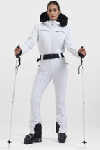Women's Neon Orange Full-Shirred Design One-Piece Ski Suit Snowboard Suit