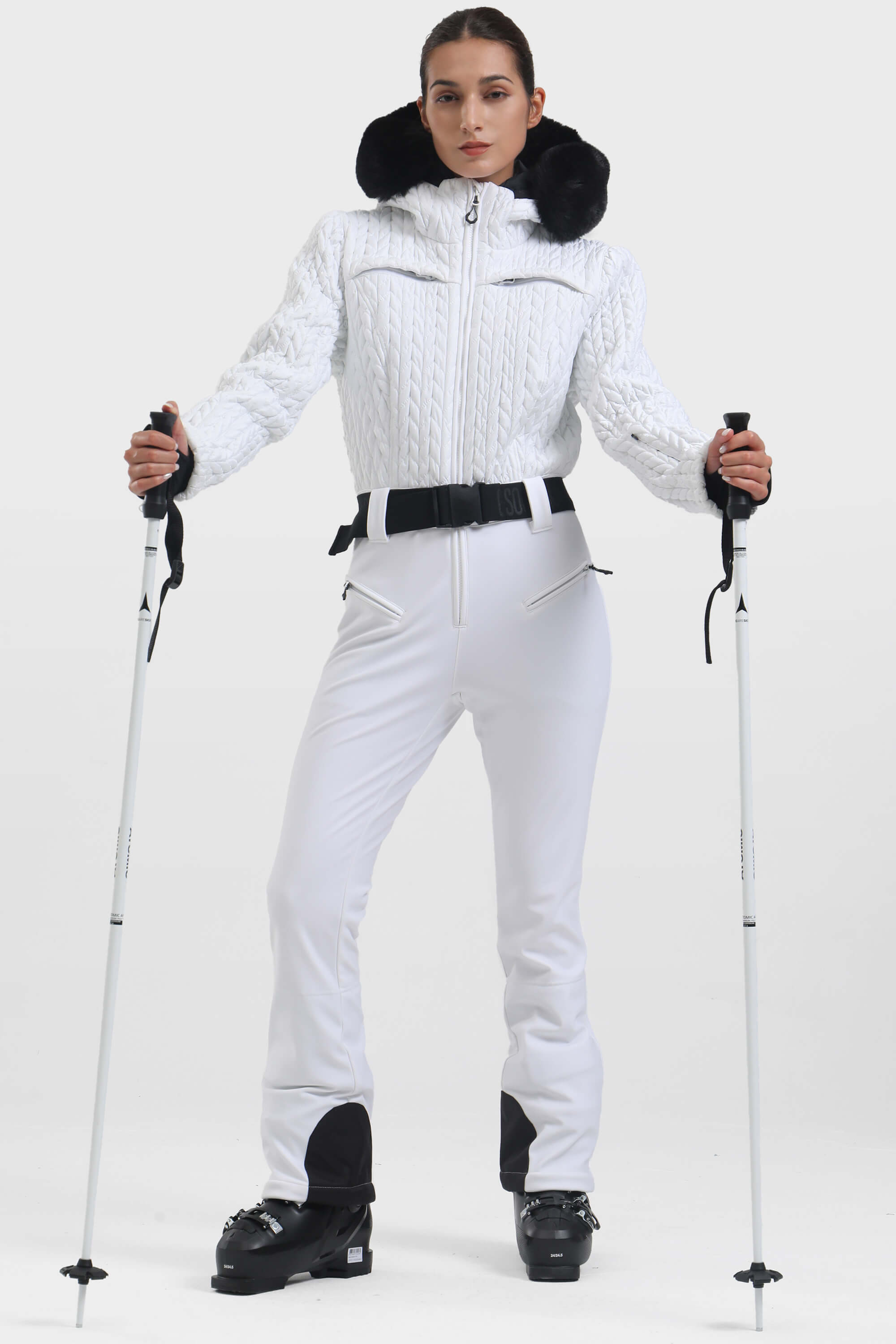 Women's Neon Orange Full-Shirred Design One-Piece Ski Suit Snowboard Suit