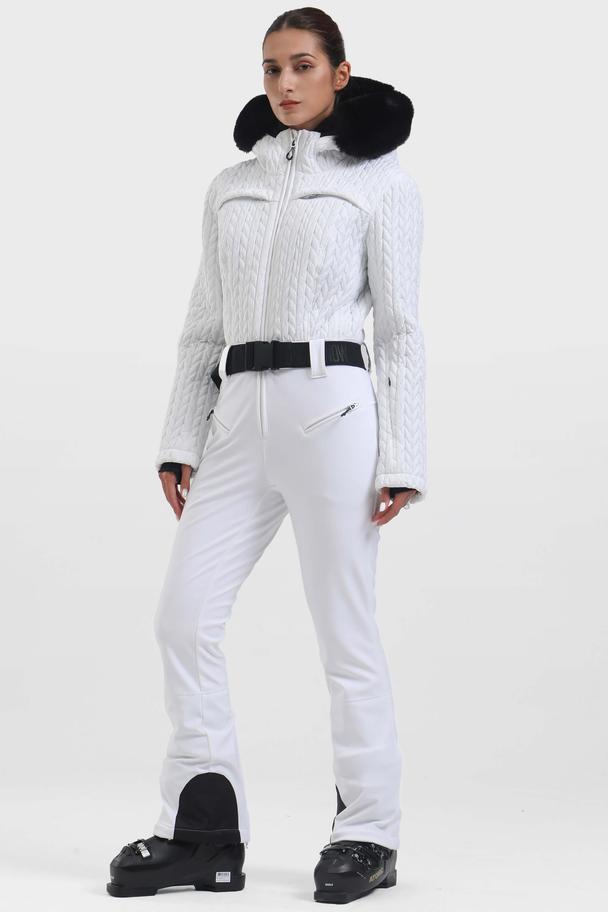 Women's Black Full-Shirred Design One-Piece Ski Suit Snowboard Suit