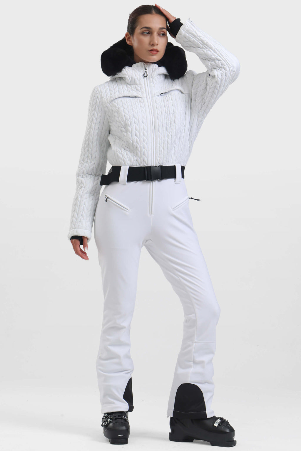 Women's Neon Orange Full-Shirred Design One-Piece Ski Suit Snowboard Suit