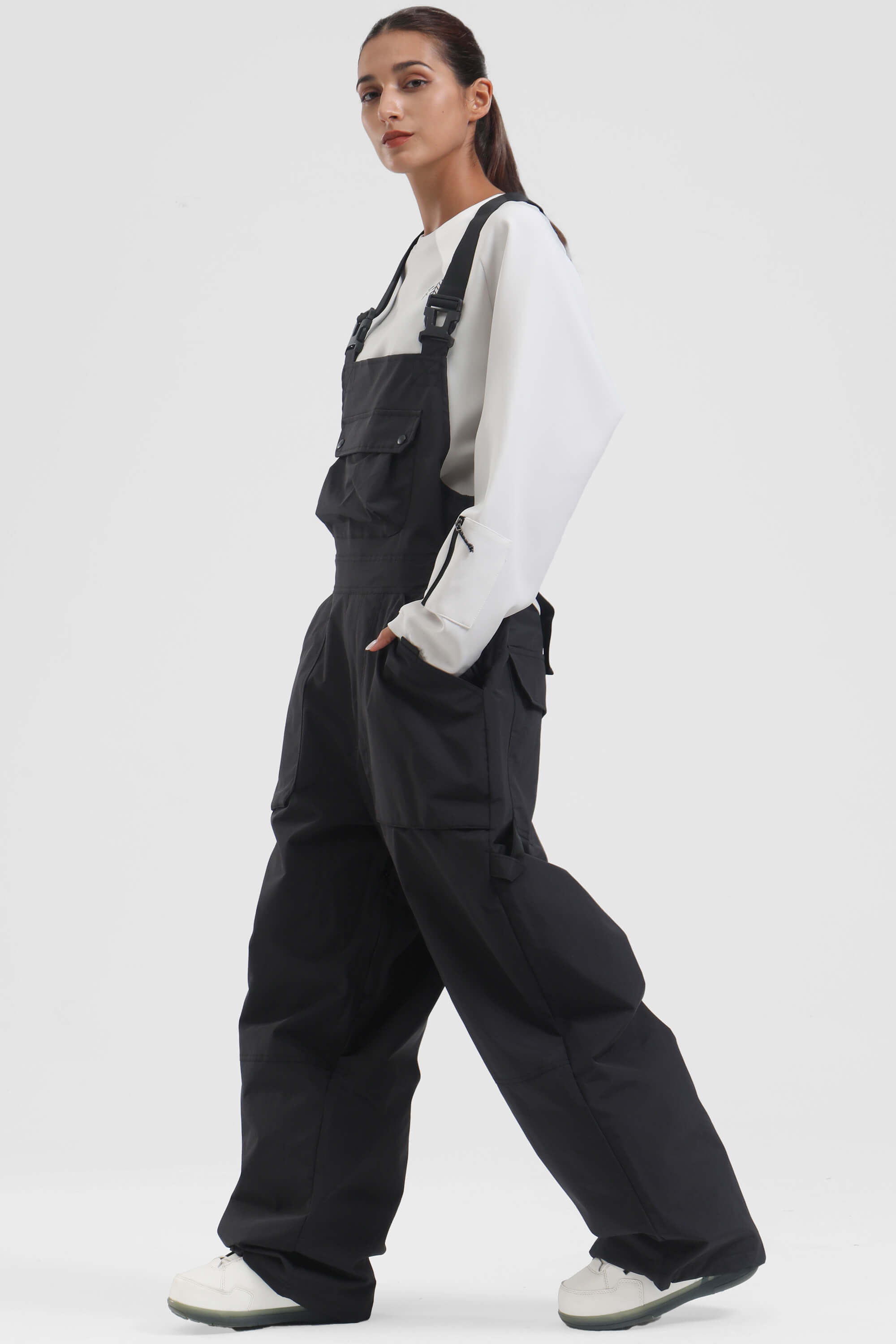 Women's Black Two-Way Side-Zip Baggy Ski Bibs Snow Bibs