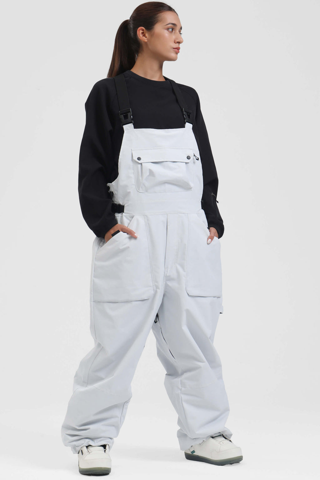 Women's Black Two-Way Side-Zip Baggy Ski Bibs Snow Bibs