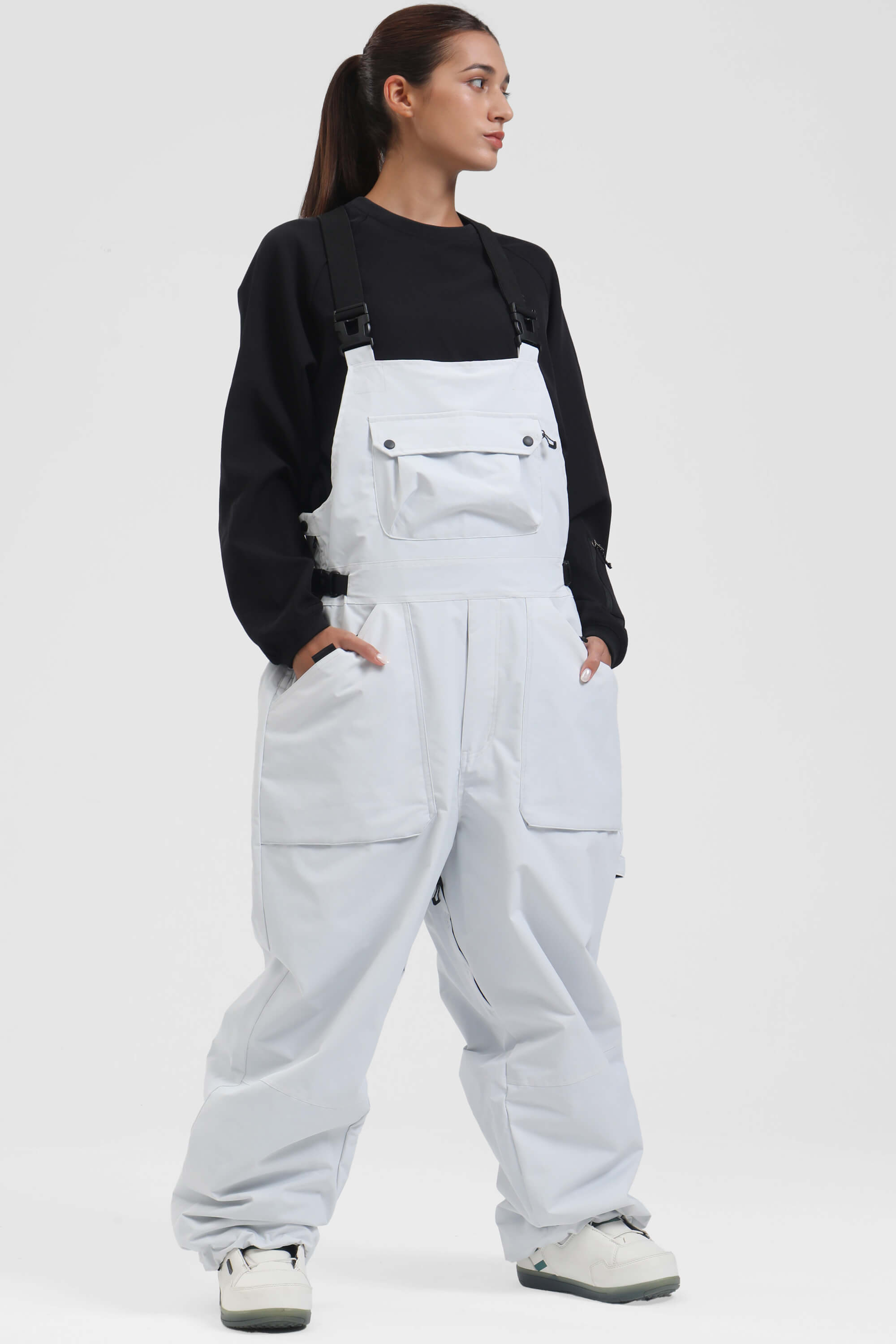Women's White Two-Way Side-Zip Baggy Ski Bibs Snow Bibs Secondary image