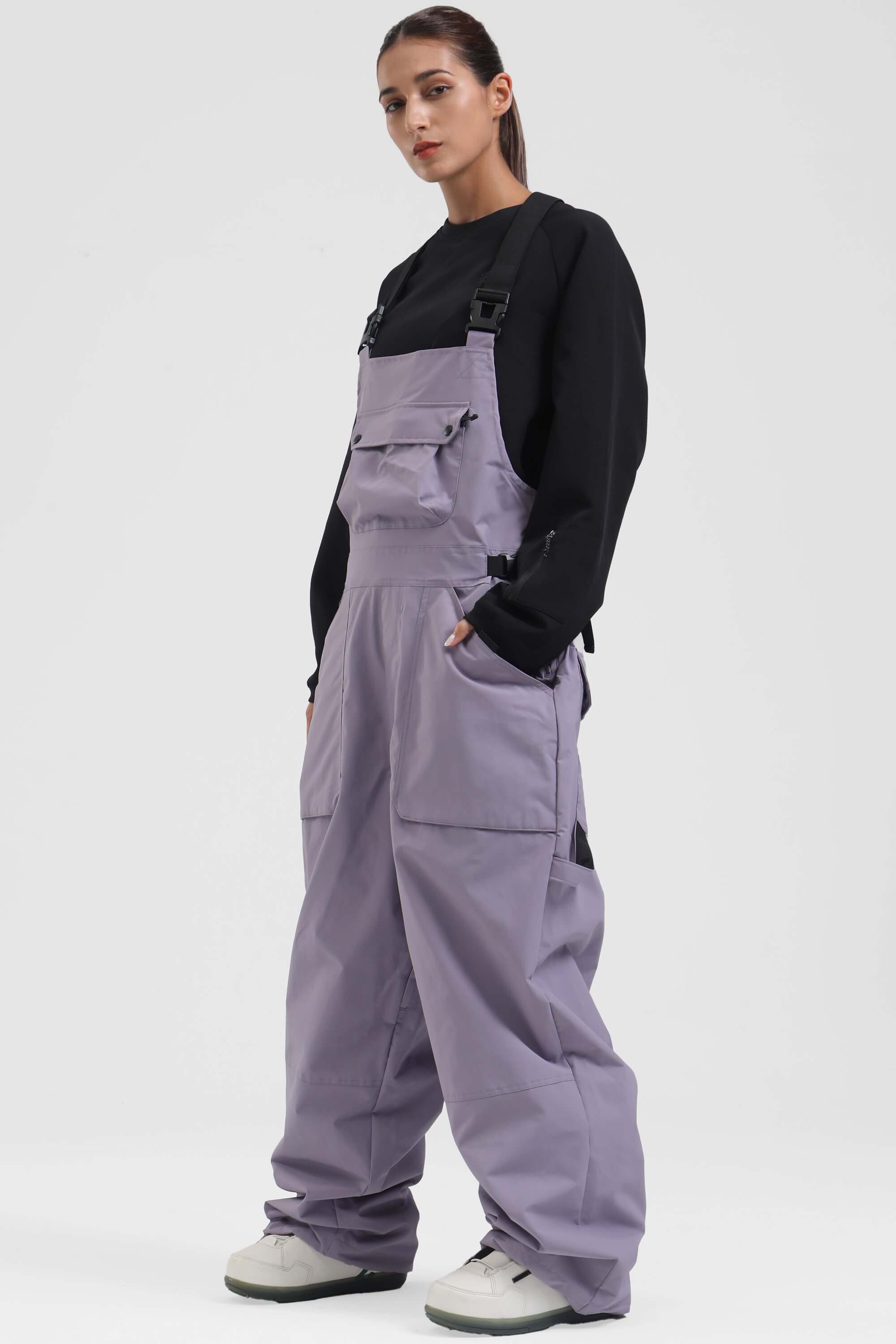 Women's Khaki Two-Way Side-Zip Baggy Ski Bibs Snow Bibs