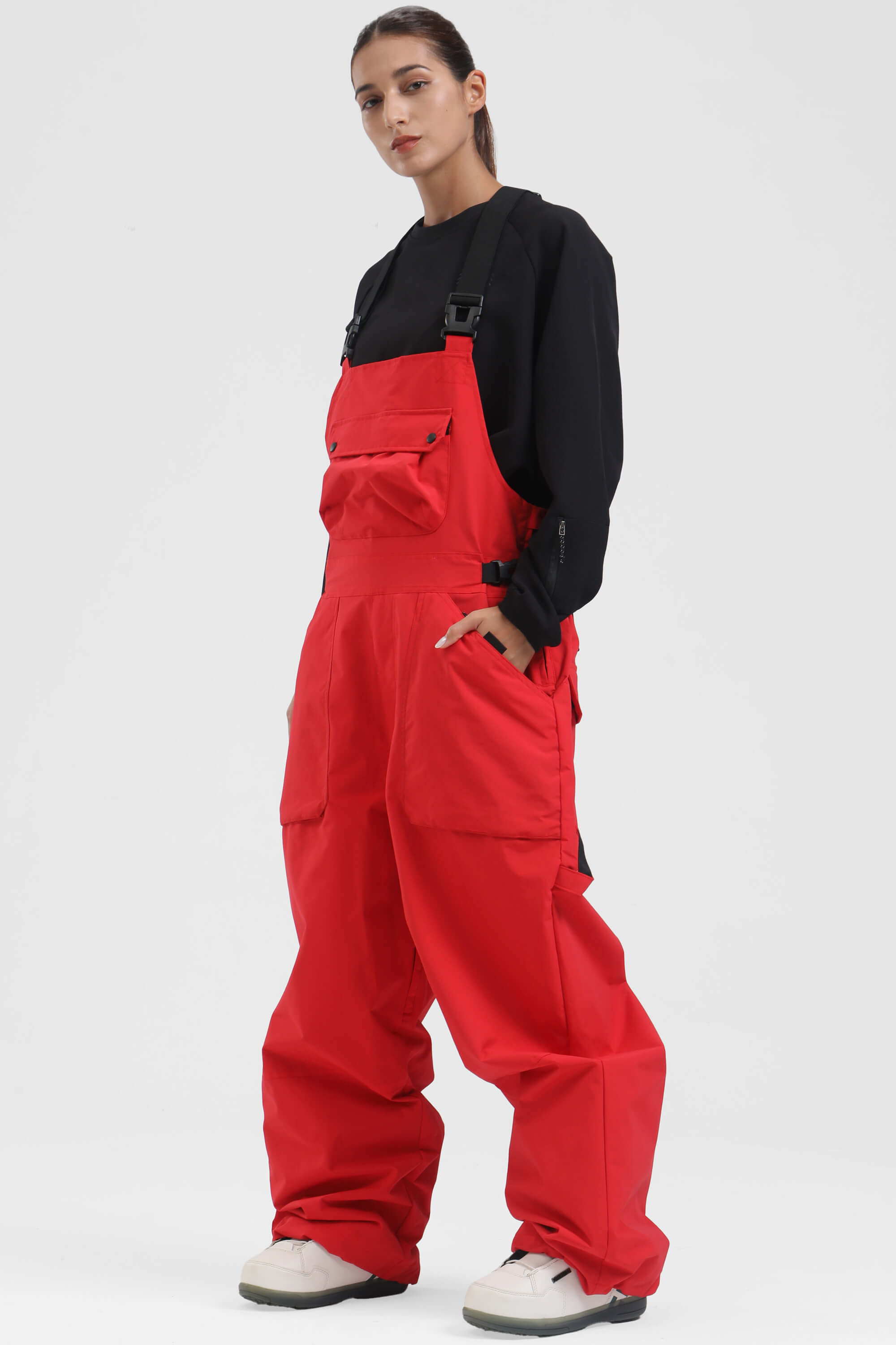 Women's Red Two-Way Side-Zip Baggy Ski Bibs Snow Bibs Secondary image