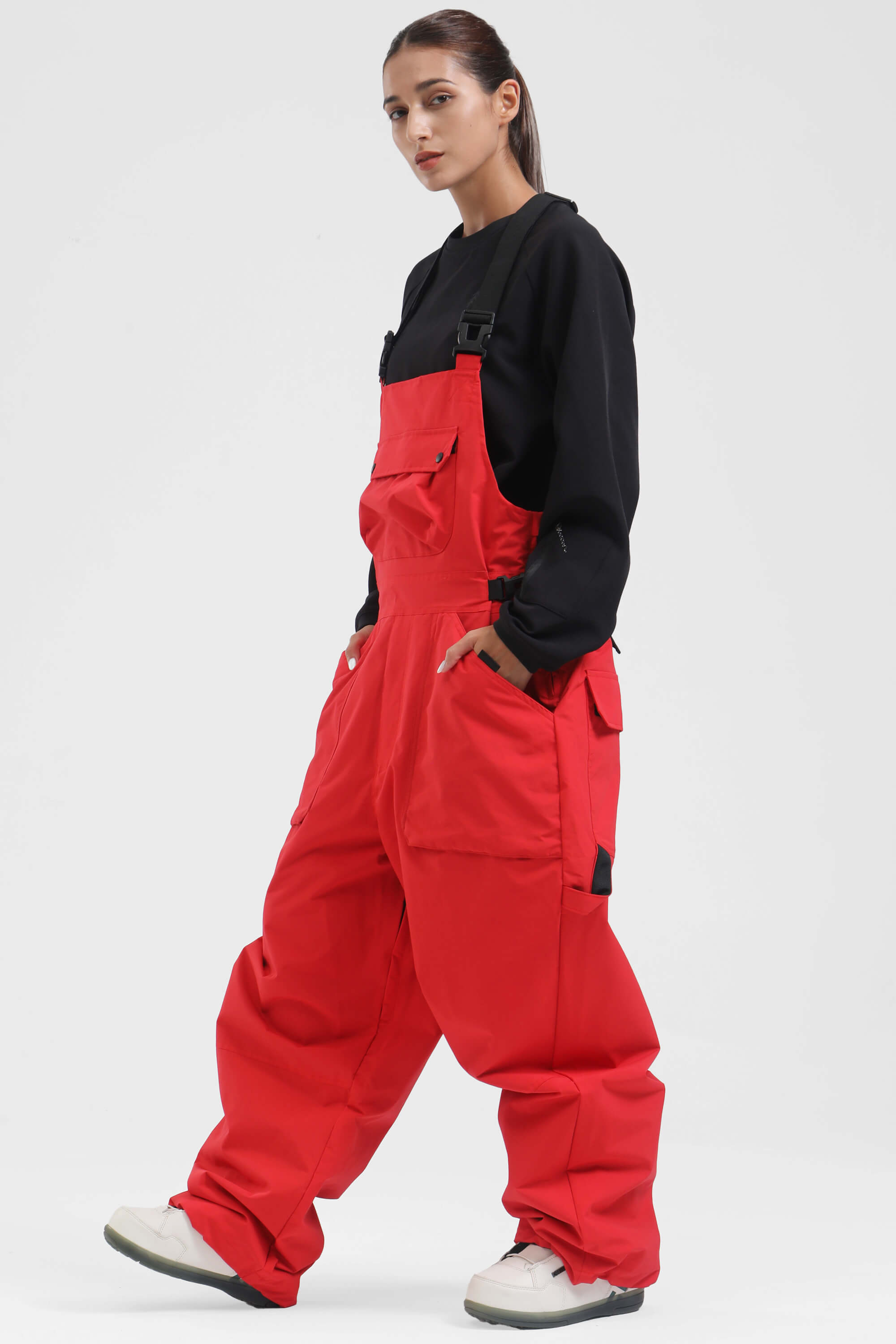Women's Black Two-Way Side-Zip Baggy Ski Bibs Snow Bibs