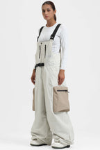 Women's Off White Workwear-Style Built-In Belt Ski Bibs Baggy Snow Bibs