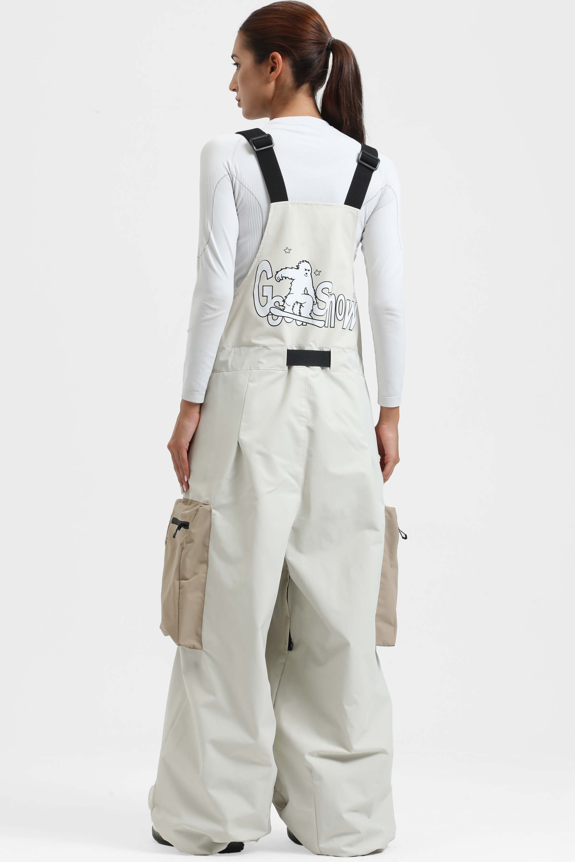 Women's Off White Workwear-Style Built-In Belt Ski Bibs Baggy Snow Bibs