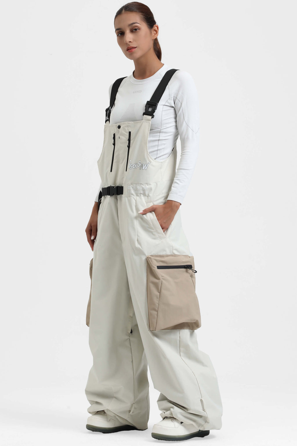 Women's Off White Workwear-Style Built-In Belt Ski Bibs Baggy Snow Bibs