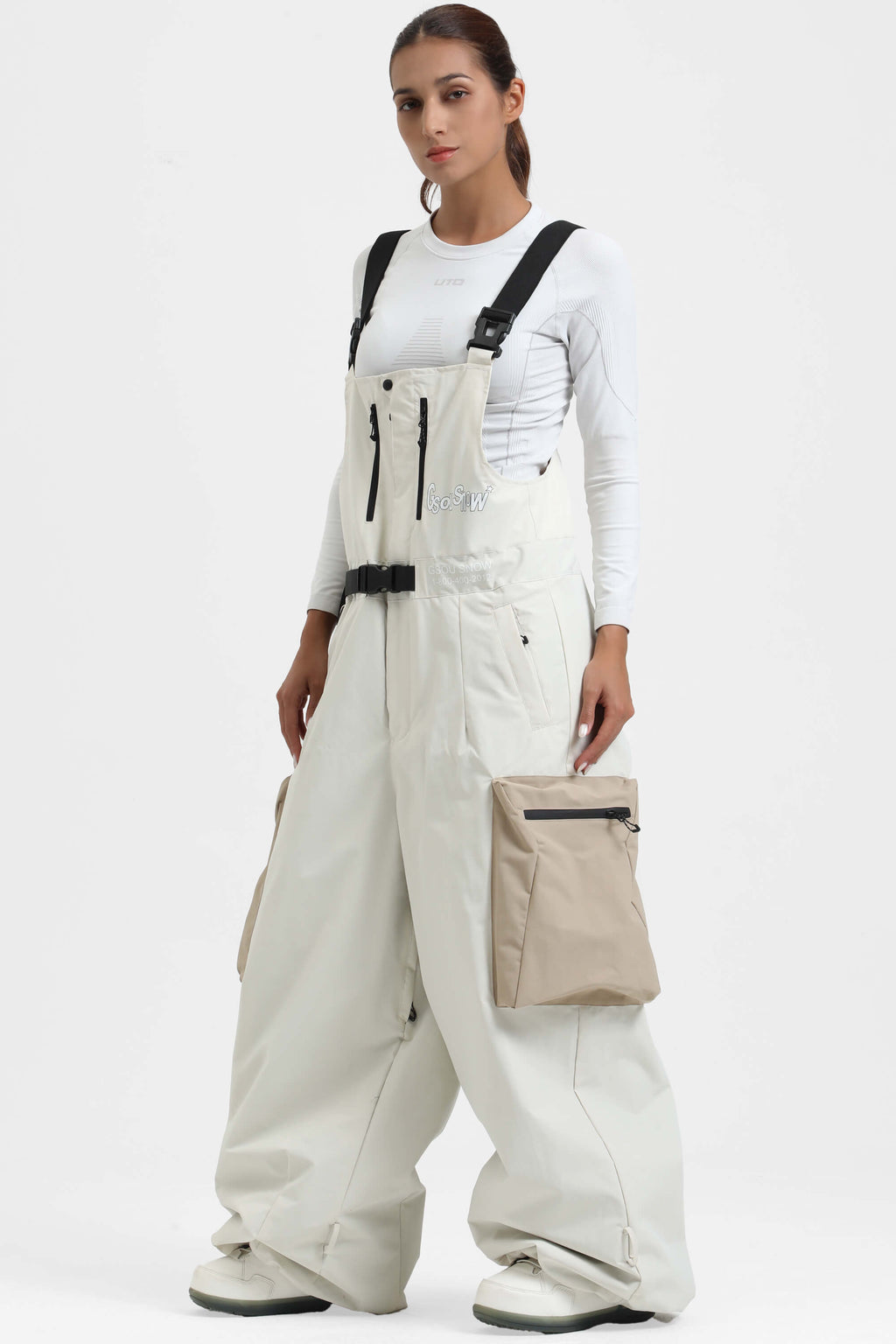 Women's Off White Workwear-Style Built-In Belt Ski Bibs Baggy Snow Bibs