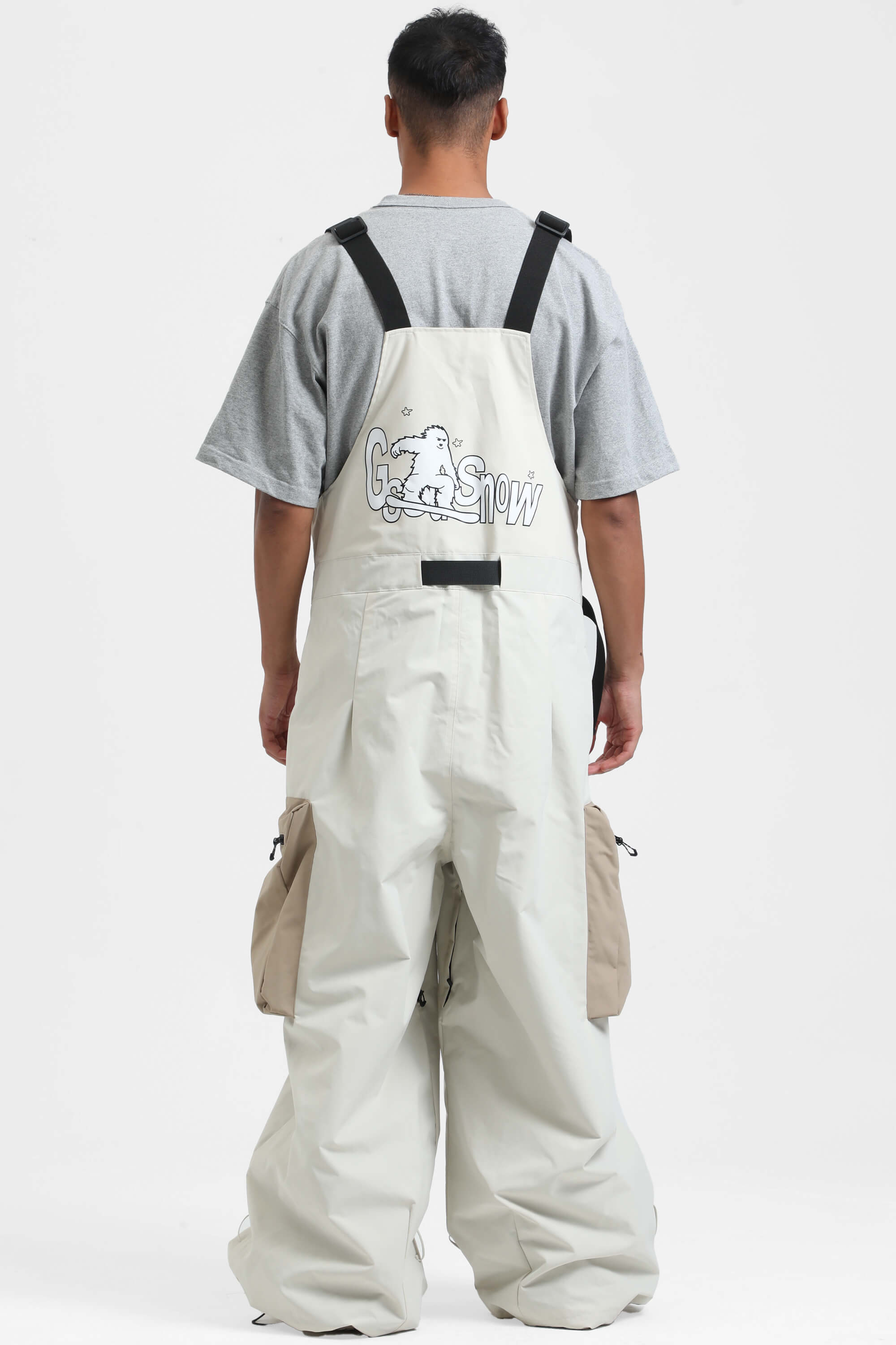 Men's Black Workwear-Style Built-In Belt Ski Bibs Baggy Snow Bibs