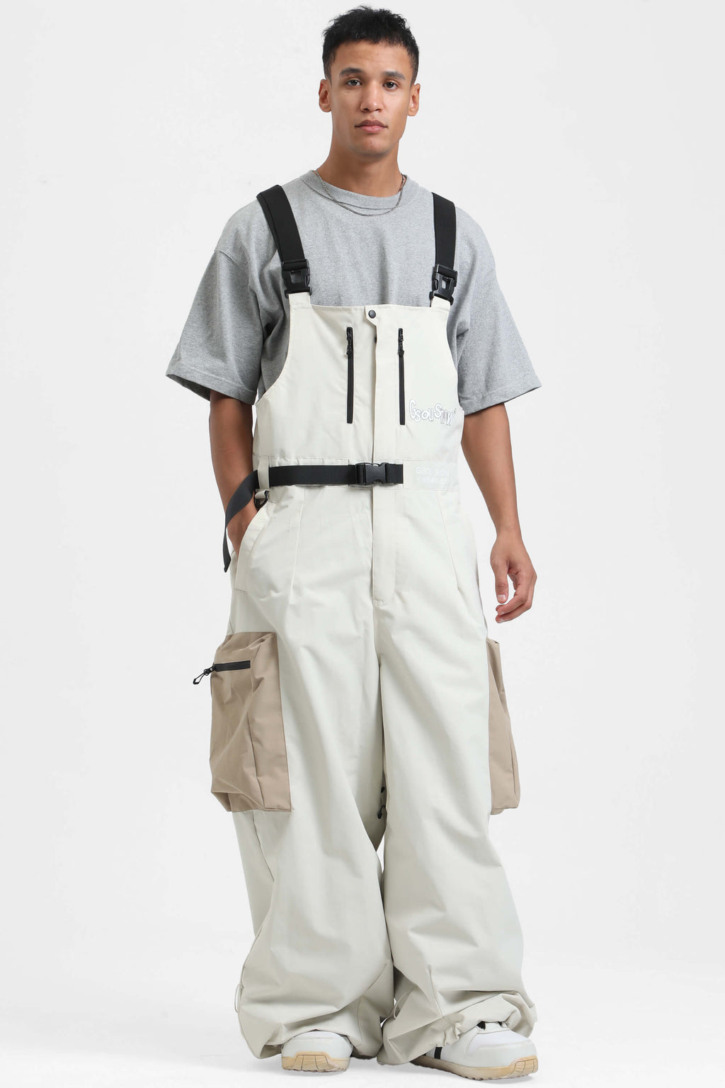Men's Black Workwear-Style Built-In Belt Ski Bibs Baggy Snow Bibs