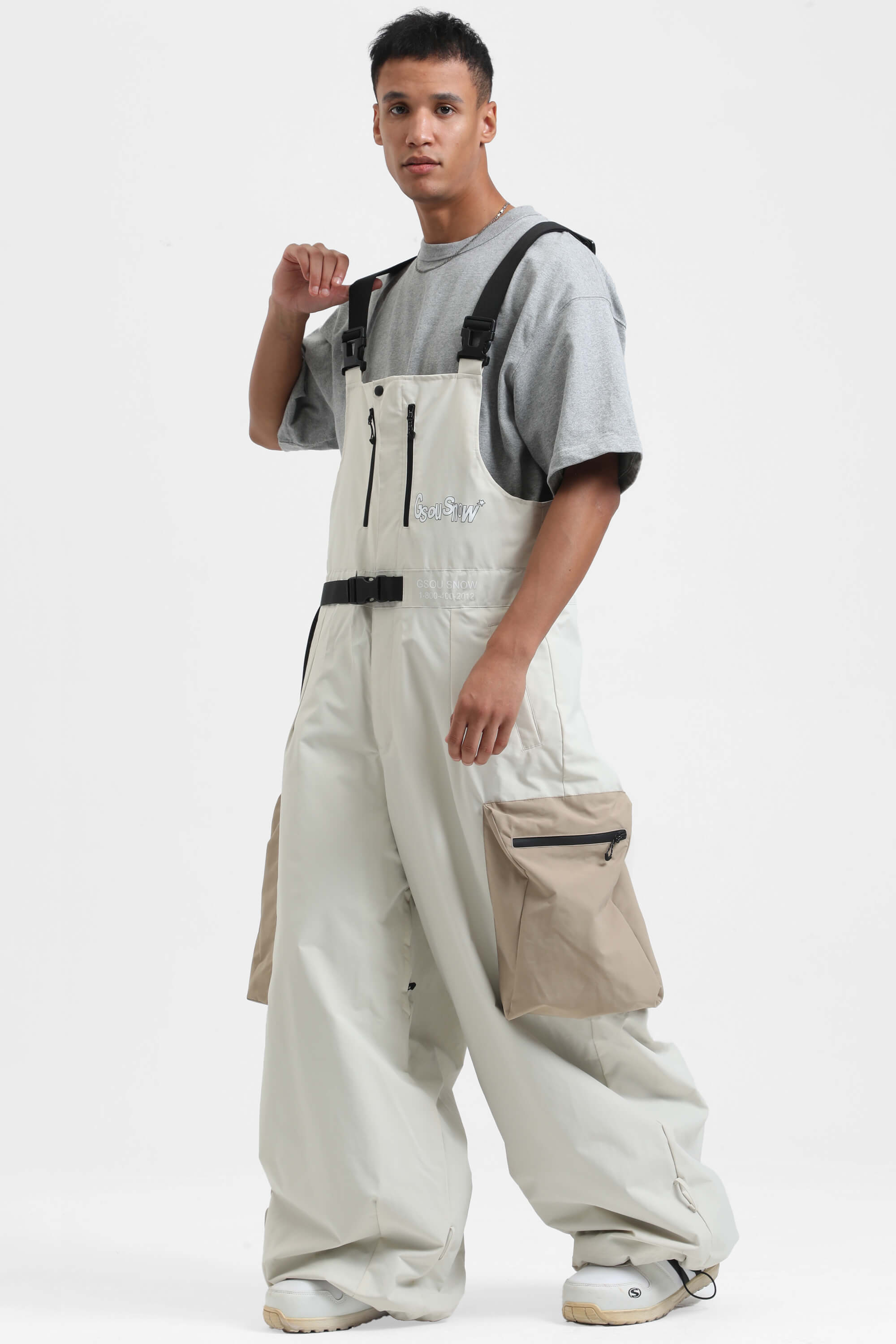 Men's Black Workwear-Style Built-In Belt Ski Bibs Baggy Snow Bibs