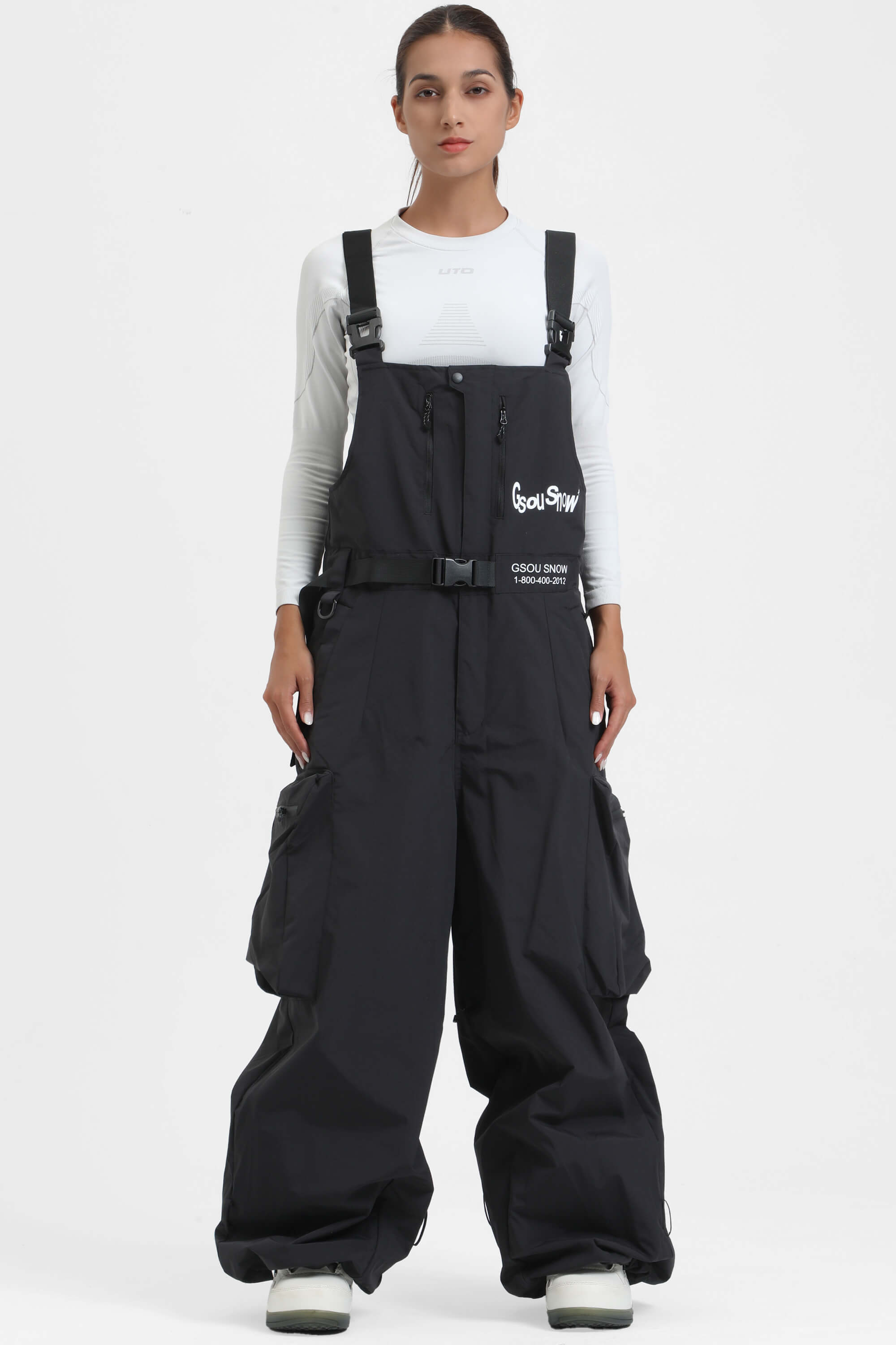 Women's Black Workwear-Style Built-In Belt Ski Bibs Baggy Snow Bibs Secondary image
