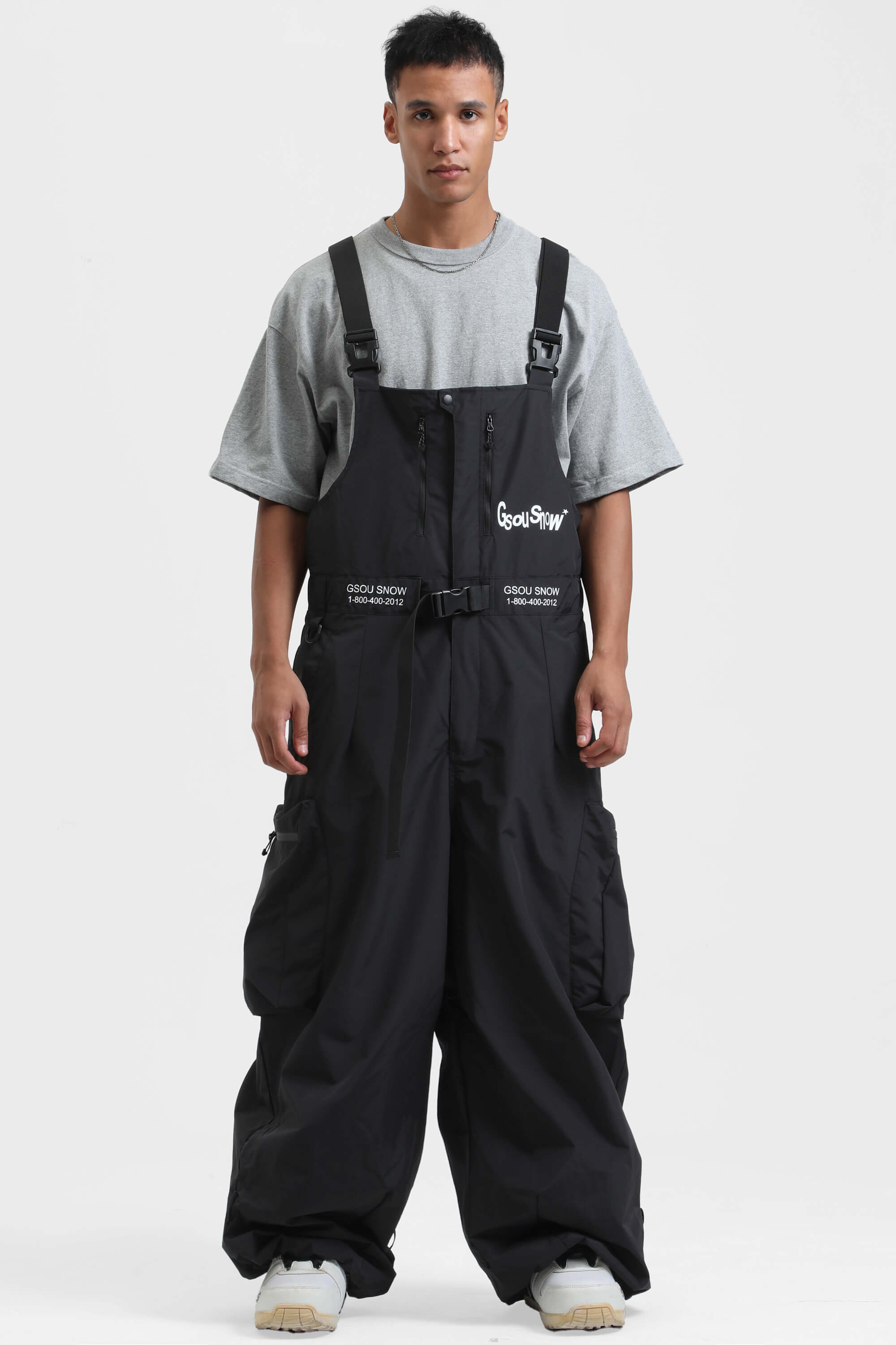 Men's Black Workwear-Style Built-In Belt Ski Bibs Baggy Snow Bibs Secondary image