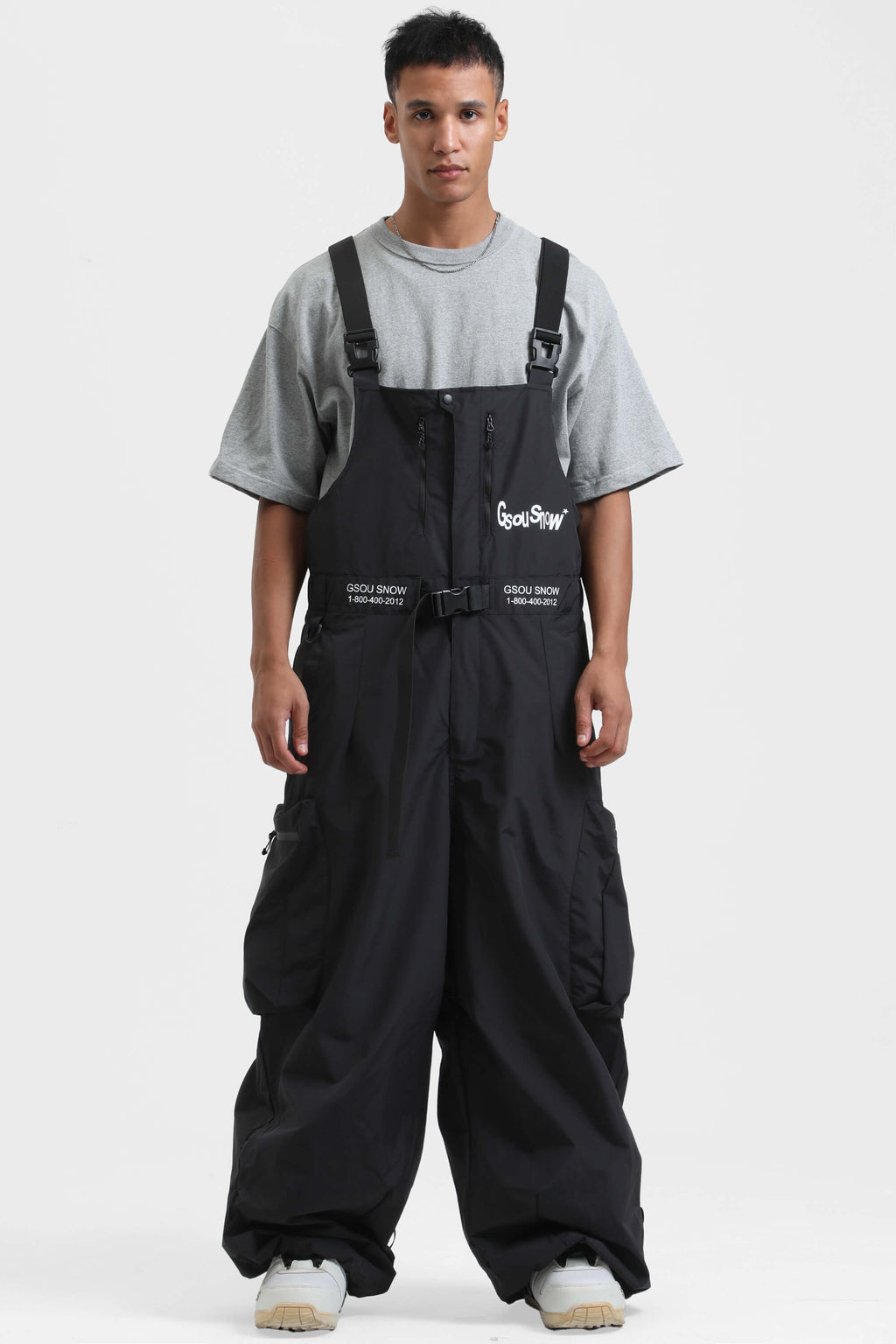 Men's Black Workwear-Style Built-In Belt Ski Bibs Baggy Snow Bibs