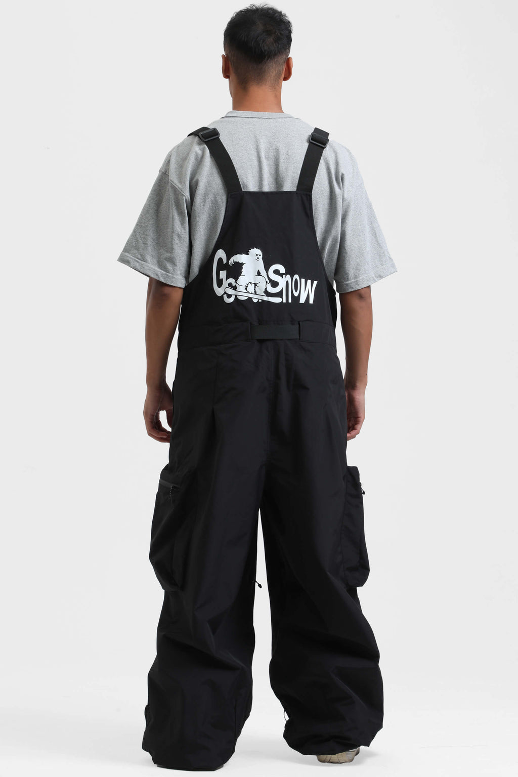 Men's Black Workwear-Style Built-In Belt Ski Bibs Baggy Snow Bibs