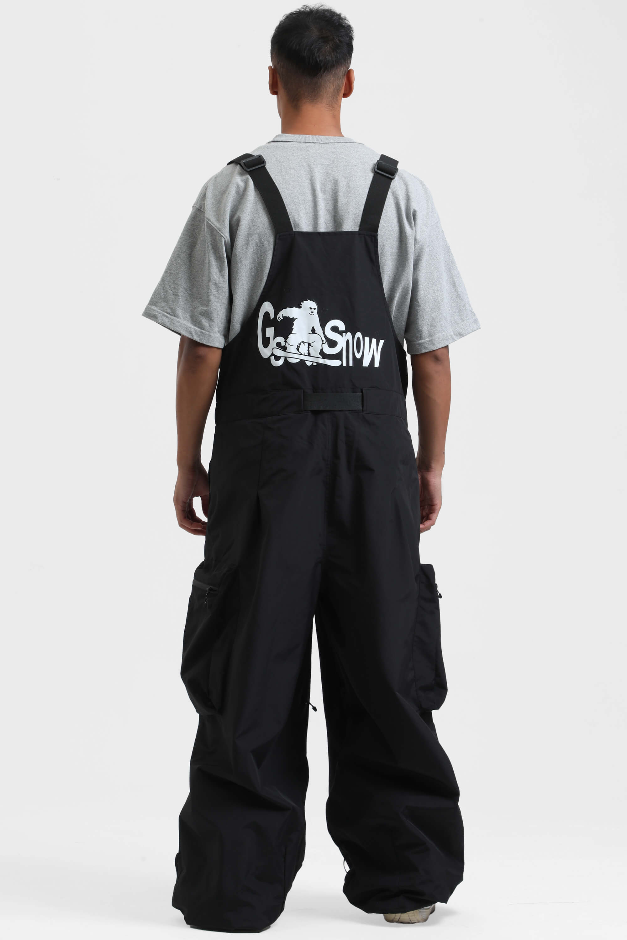 Men's Black Workwear-Style Built-In Belt Ski Bibs Baggy Snow Bibs
