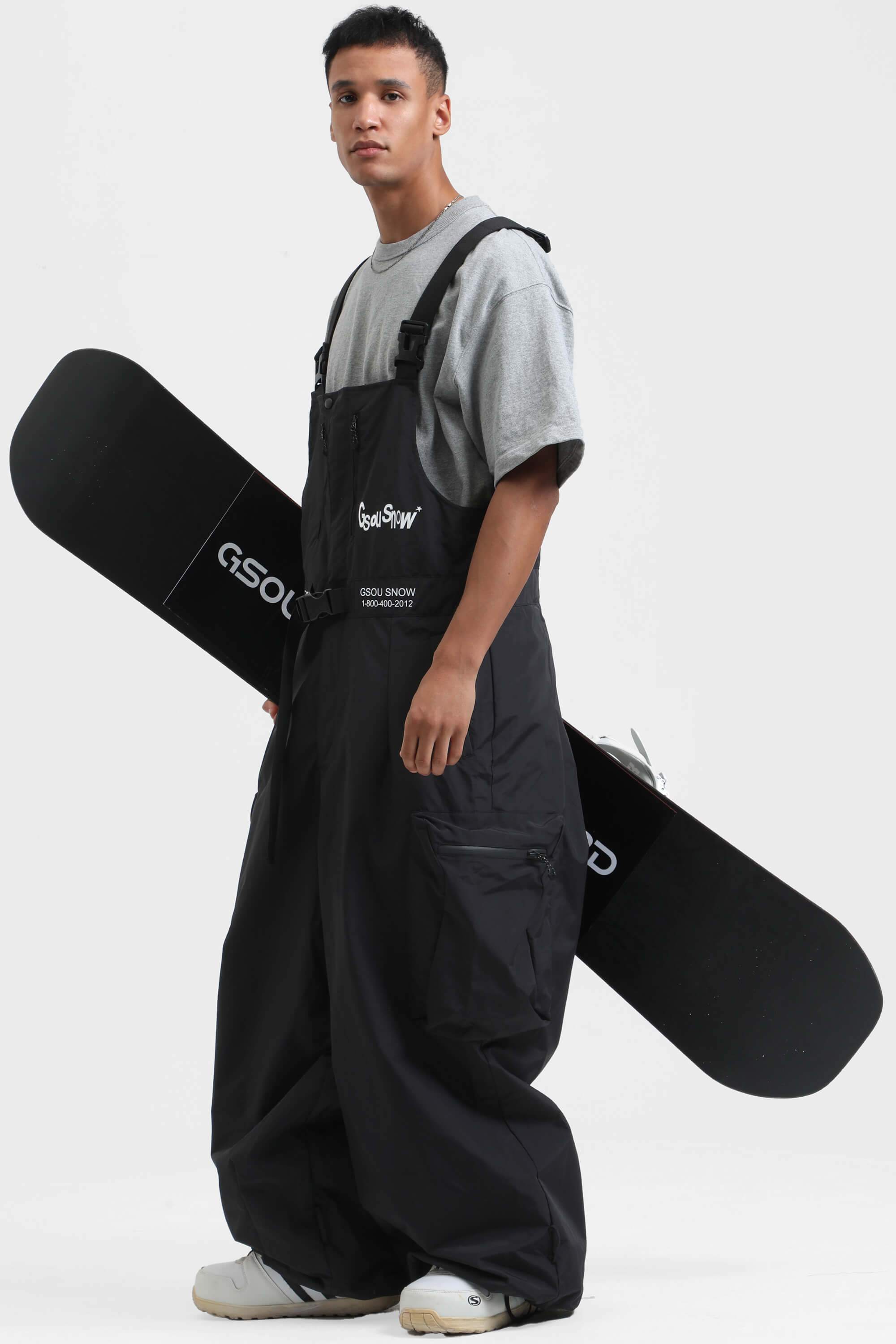 Men's Black Workwear-Style Built-In Belt Ski Bibs Baggy Snow Bibs