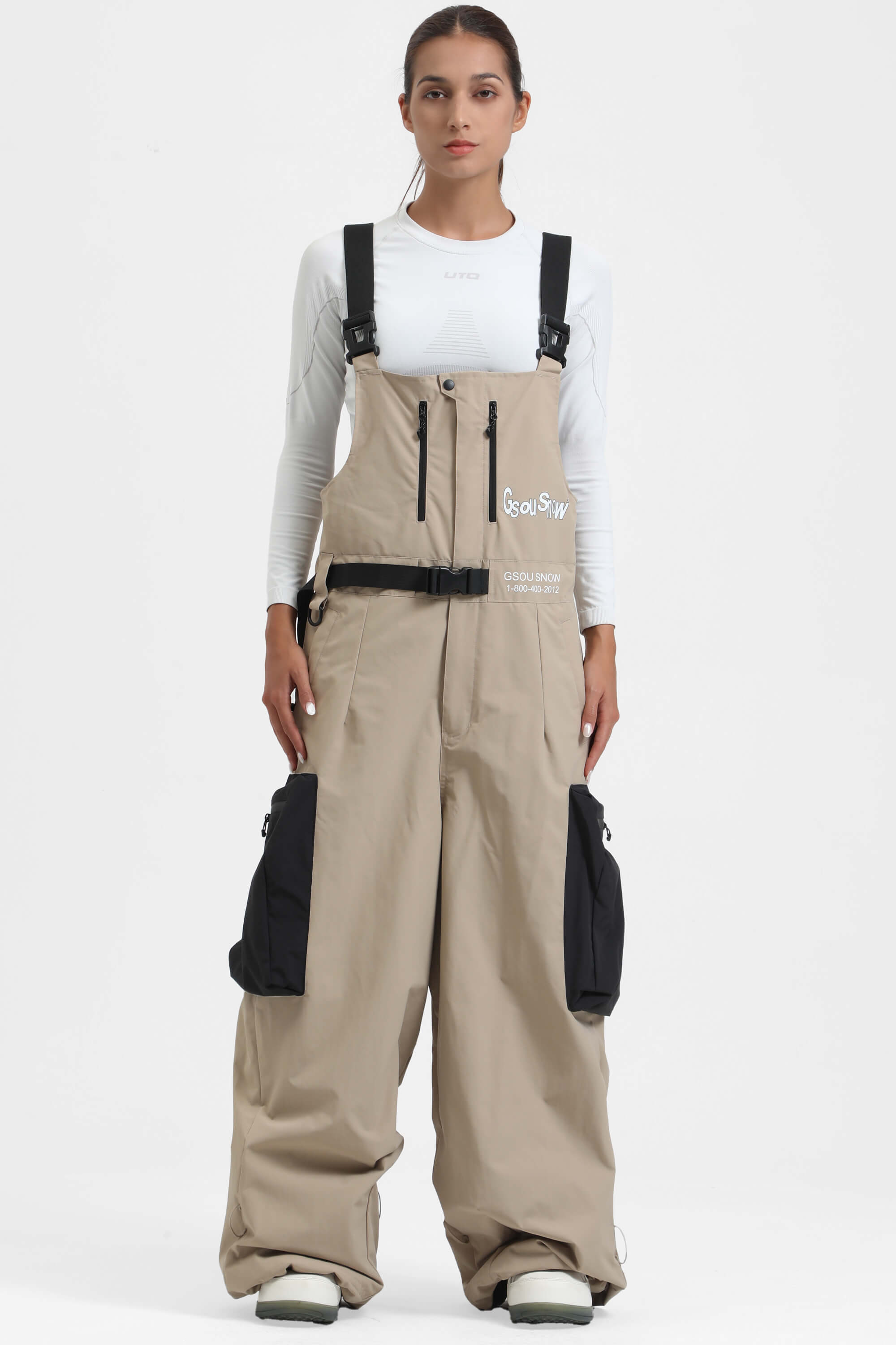 Women's Khaki Workwear-Style Built-In Belt Ski Bibs Baggy Snow Bibs