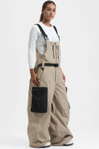 Women's Red Workwear-Style Built-In Belt Ski Bibs Baggy Snow Bibs