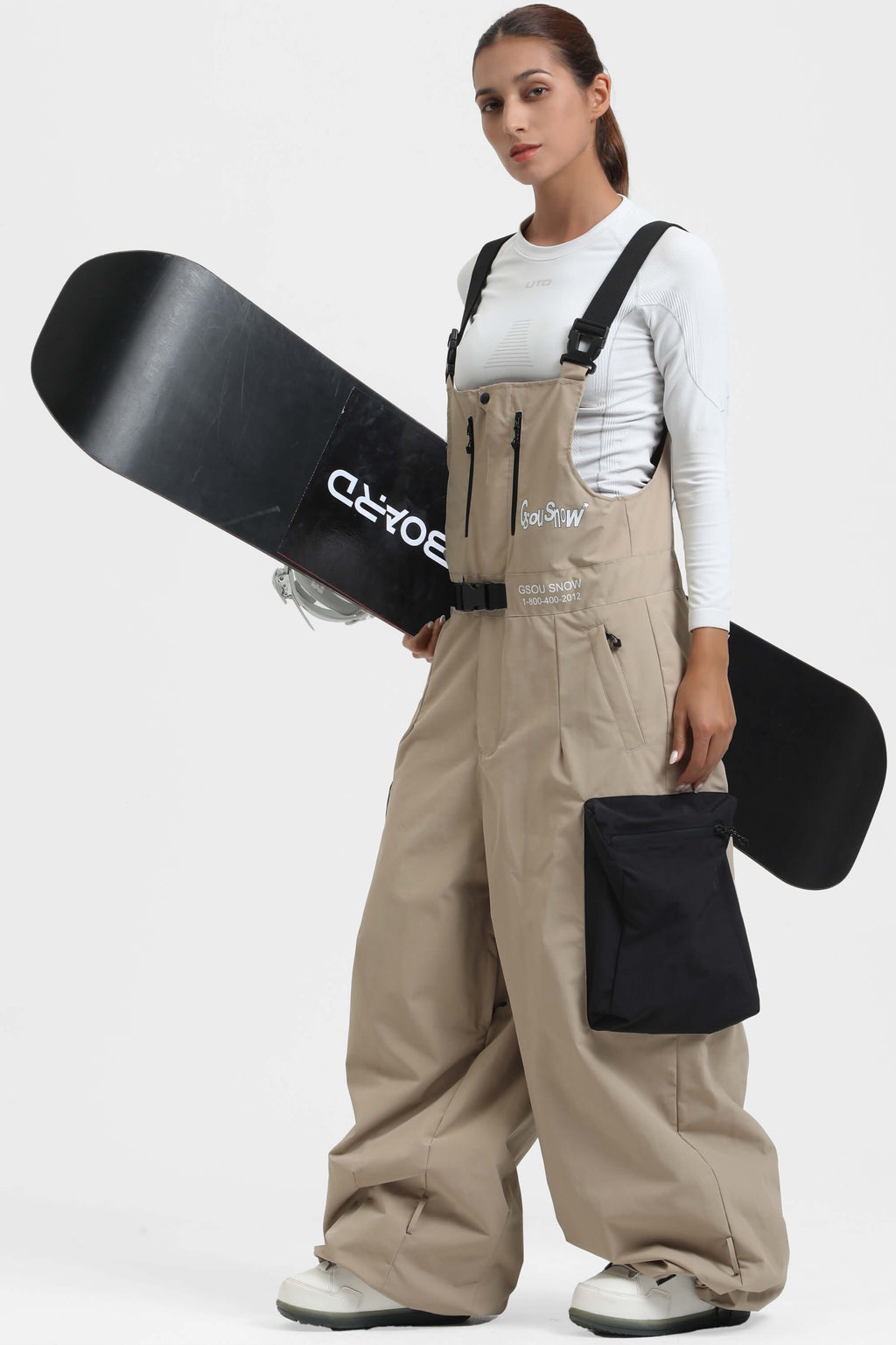 Women's Off White Workwear-Style Built-In Belt Ski Bibs Baggy Snow Bibs