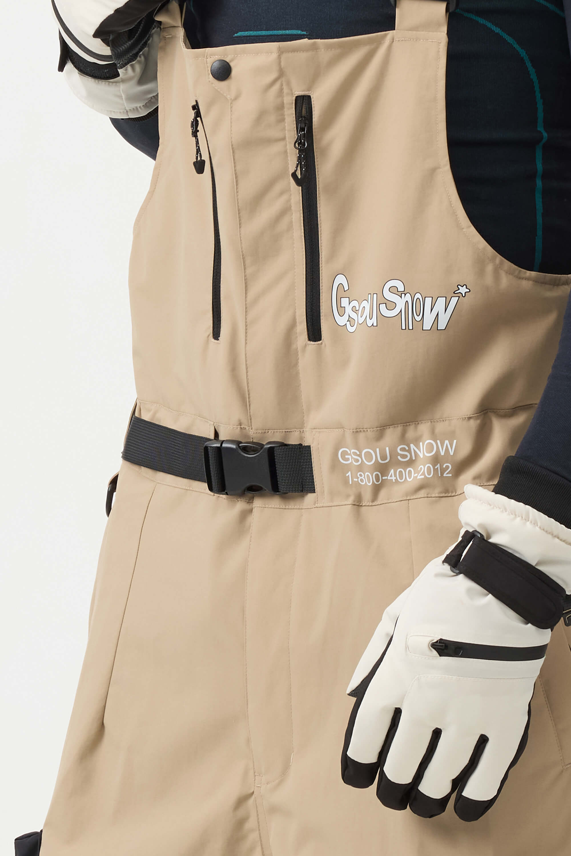 Men's Khaki Workwear-Style Built-In Belt Ski Bibs Baggy Snow Bibs Secondary image
