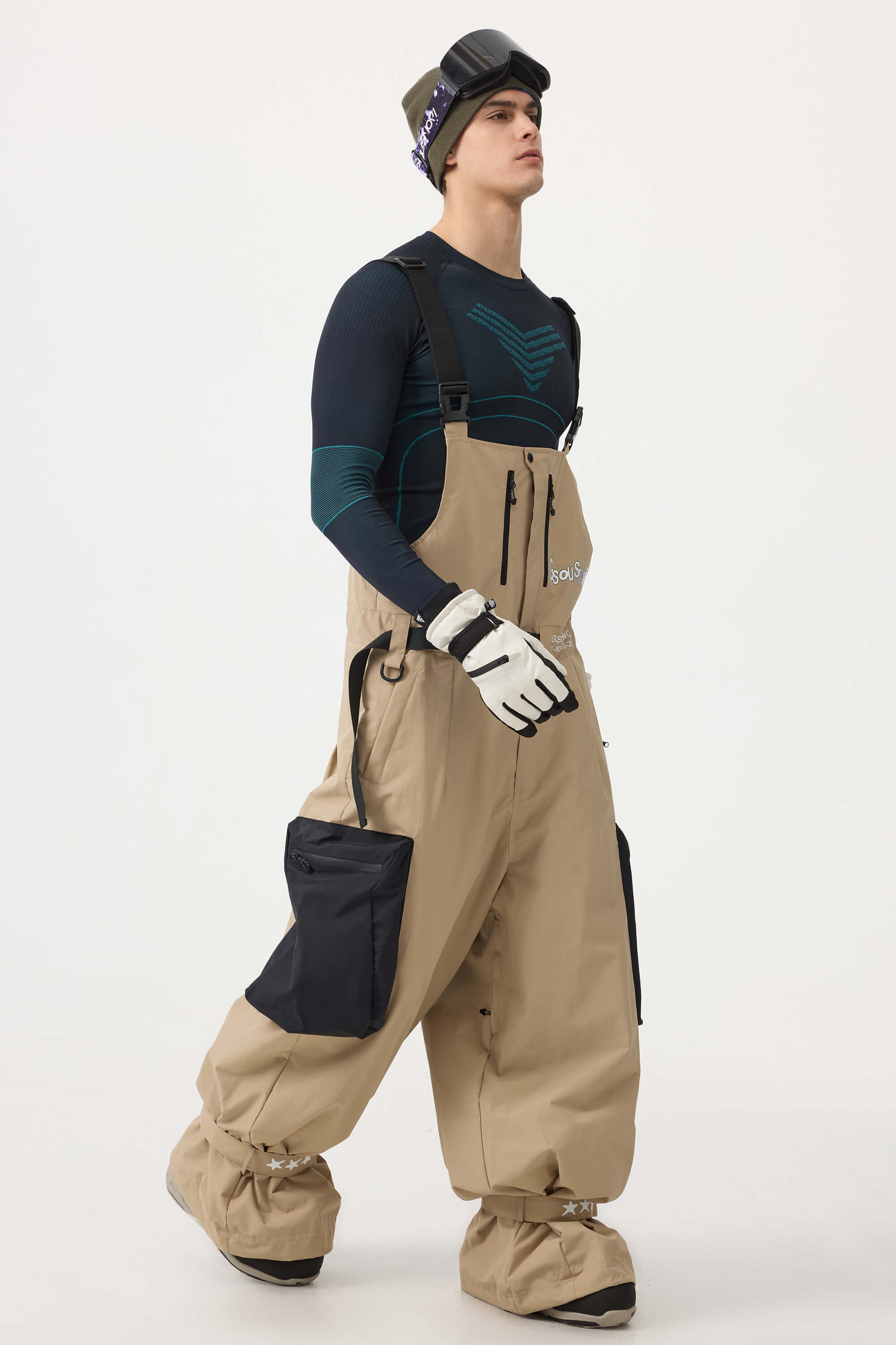Men's Black Workwear-Style Built-In Belt Ski Bibs Baggy Snow Bibs